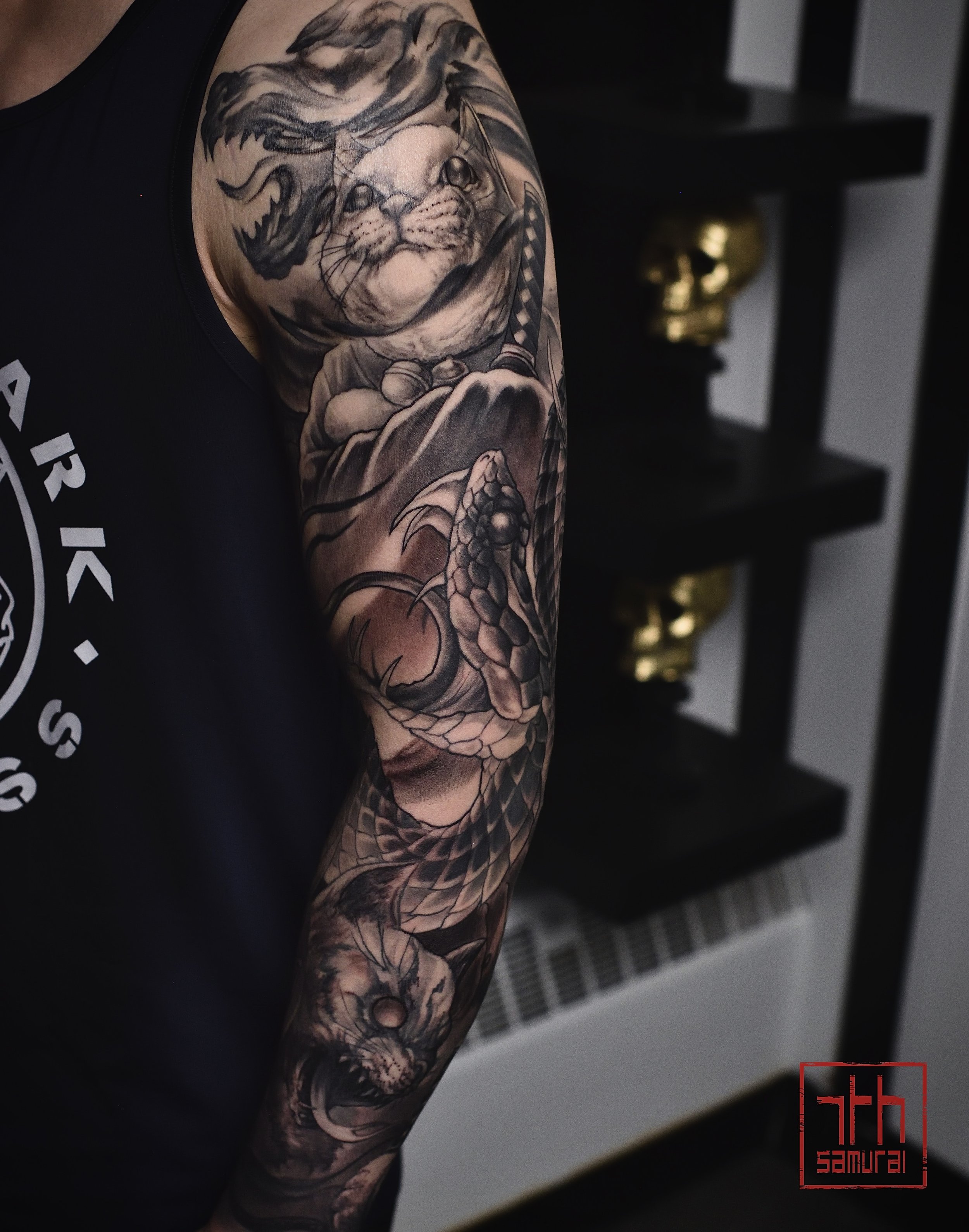 chinese zodiacs samurai cat snake smoke dog horse horoscope  neo japanese Men's neo asian tattoo sleeve  asian Tattoo artist: Kai at 7th Samurai. YEG Edmonton, Alberta, Canada best 2023