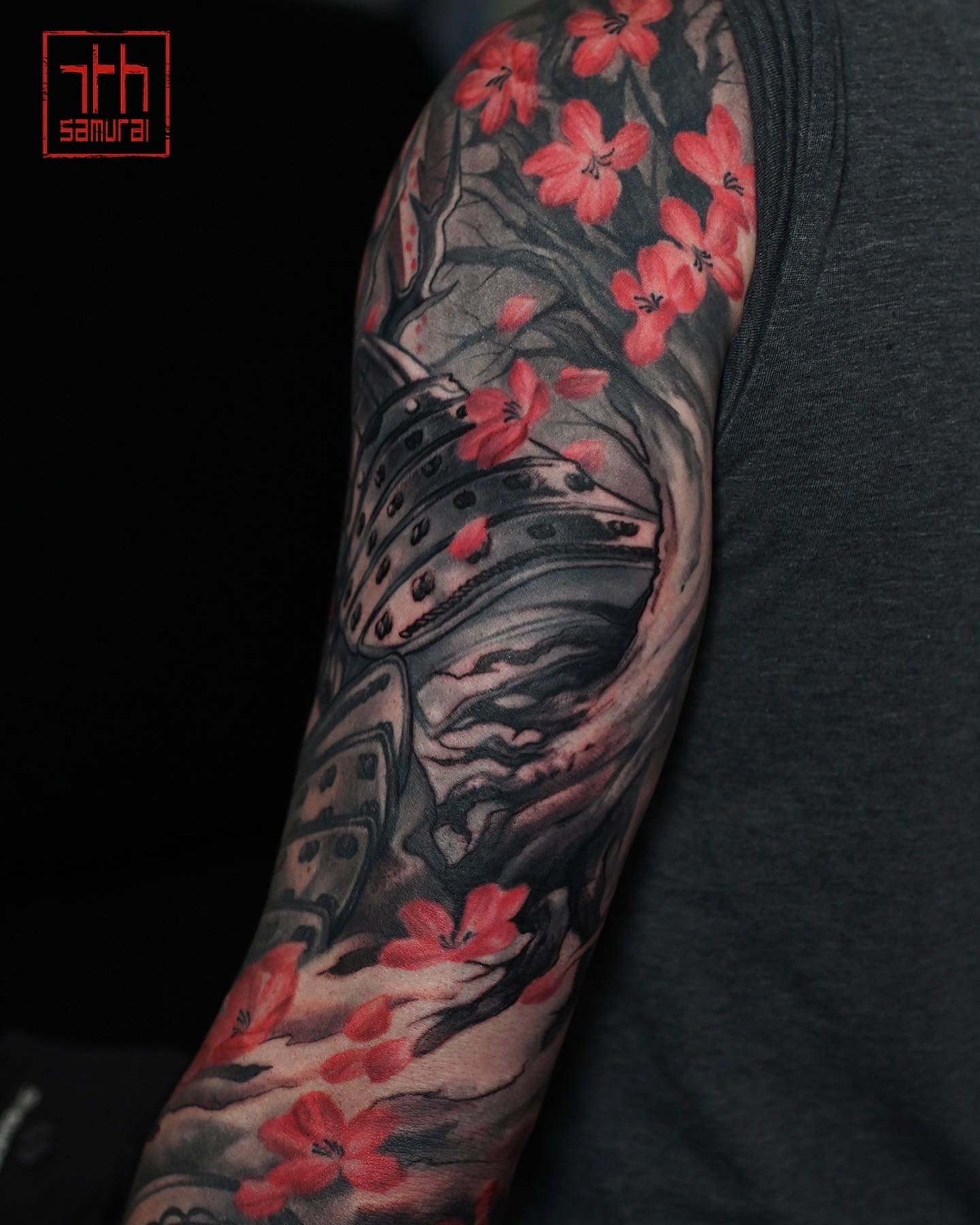 samurai growing cherry blossom tree roots abstract elements  Men's neo japanese sleeve tattoo with red highlights  asian Tattoo artist: Kai at 7th Samurai. YEG Edmonton, Alberta, Canada best 2023