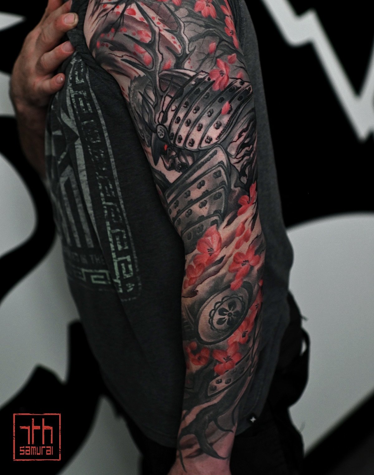 samurai growing cherry blossom tree roots abstract elements  Men's neo japanese sleeve tattoo with red highlights  asian Tattoo artist: Kai at 7th Samurai. YEG Edmonton, Alberta, Canada best 2023