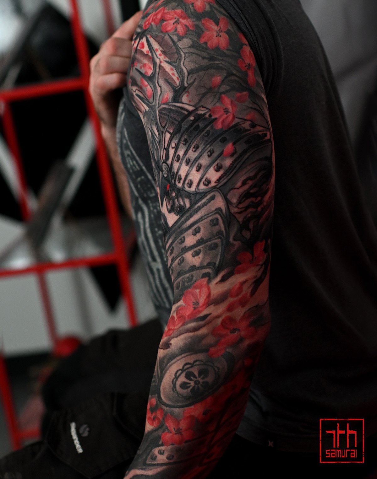 samurai growing cherry blossom tree roots abstract elements  Men's neo japanese sleeve tattoo with red highlights  asian Tattoo artist: Kai at 7th Samurai. YEG Edmonton, Alberta, Canada best 2023