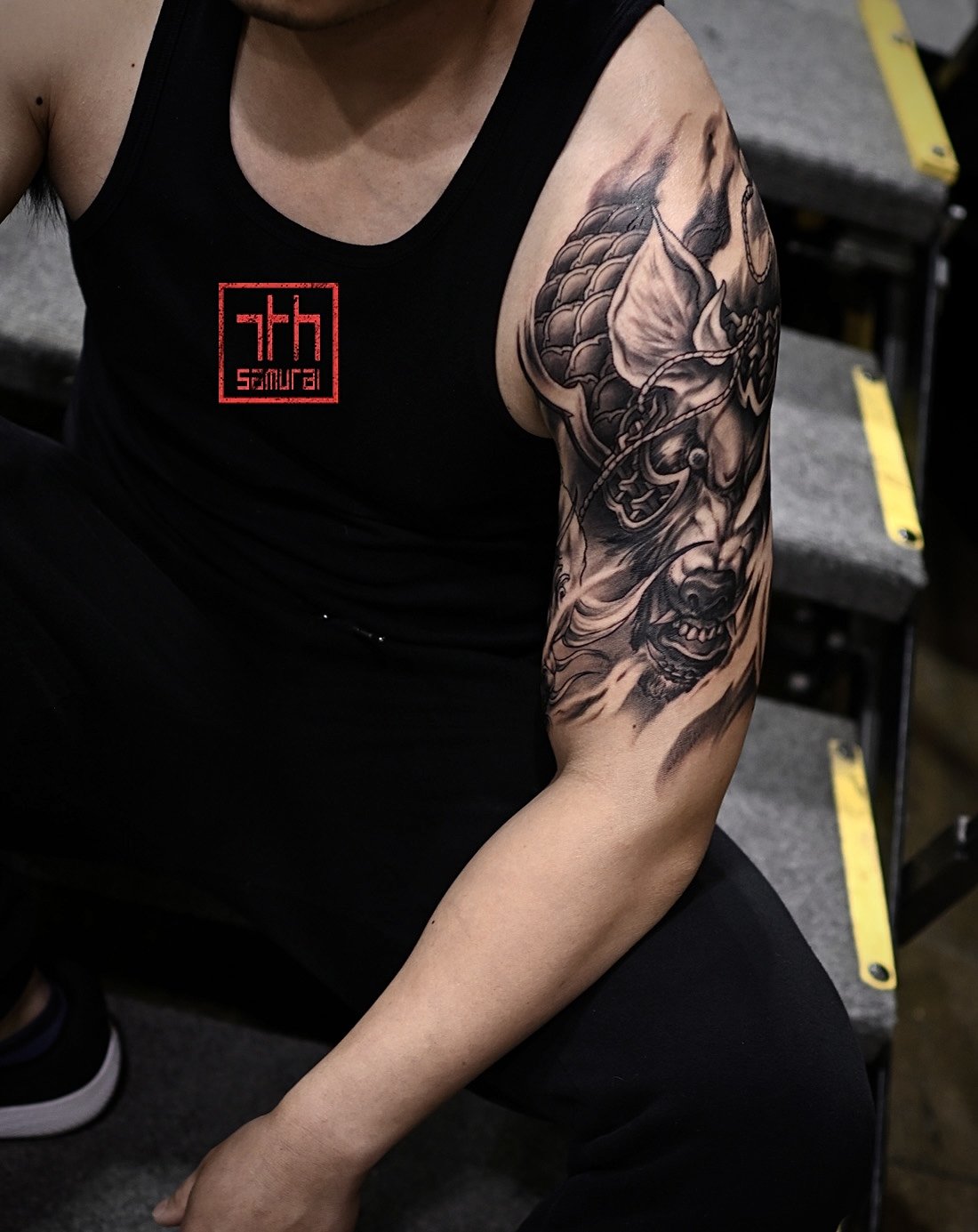 wolf warrior fudog  Men's Neo japanese asian half sleeve   Mole work around fix cover up  Toronto NIX convention  asian Tattoo artist: Kai at 7th Samurai. YEG Edmonton, Alberta, Canada best 2023