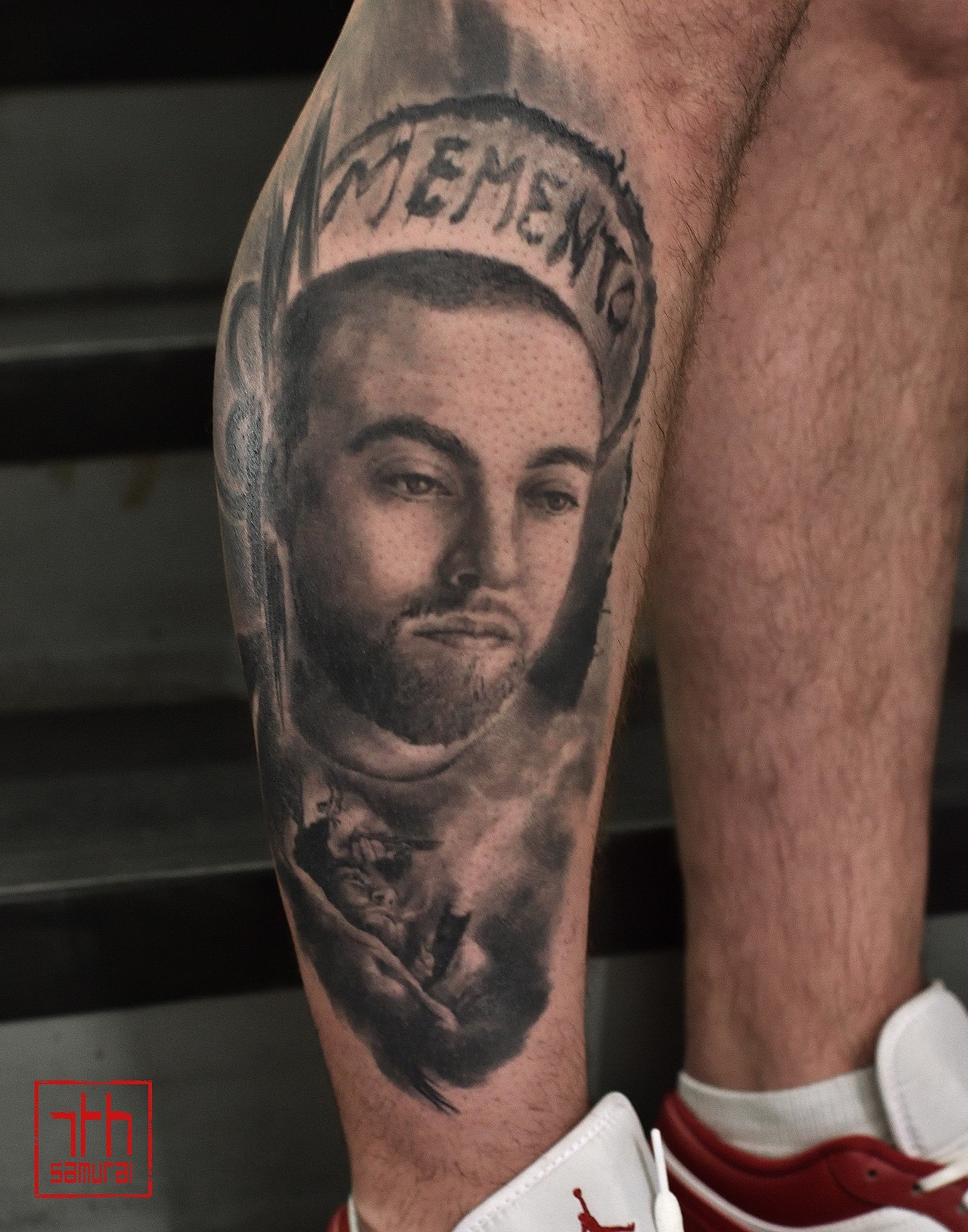 self care: mac miller graffiti abstract elements  Men's lower leg hip hop rap memento mori tribute portrait   Tattoo artist: Kai at 7th Samurai. YEG Edmonton, Alberta, Canada best 2023