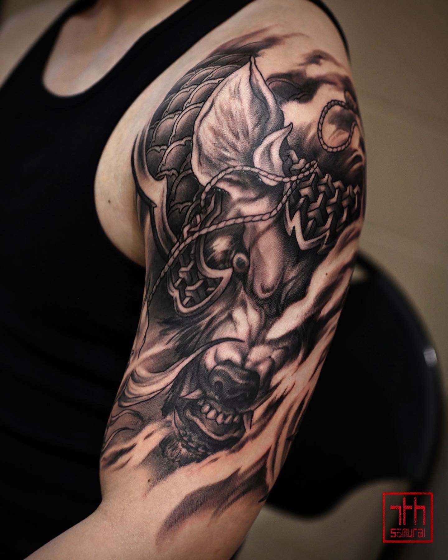 wolf warrior fudog foodog  Men's Neo japanese asian half sleeve   Mole fix cover up Toronto NIX convention  asian Tattoo artist: Kai at 7th Samurai. YEG Edmonton, Alberta, Canada best 2023