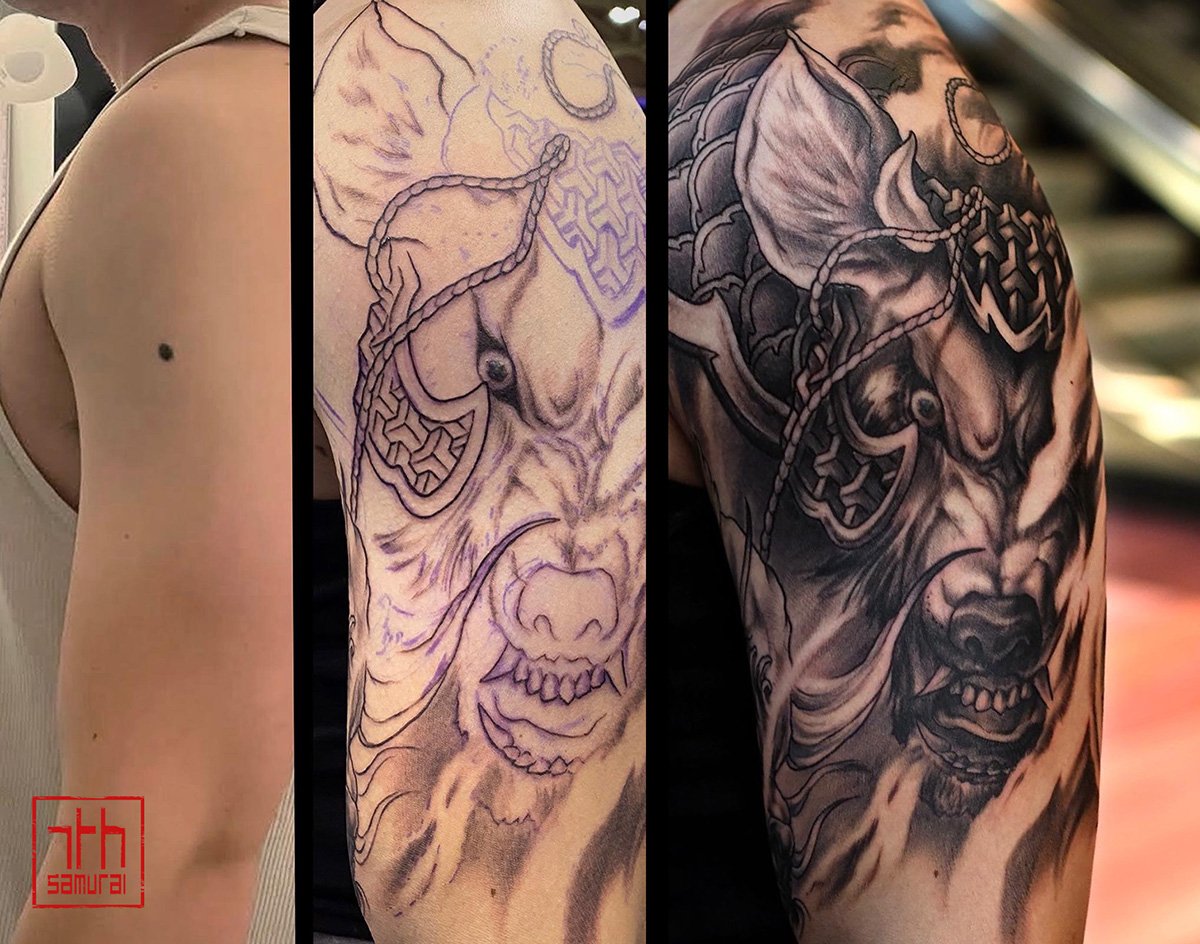 wolf warrior fudog foodog  Men's Neo japanese asian half sleeve   Mole fix cover up Toronto NIX convention  asian Tattoo artist: Kai at 7th Samurai. YEG Edmonton, Alberta, Canada best 2023