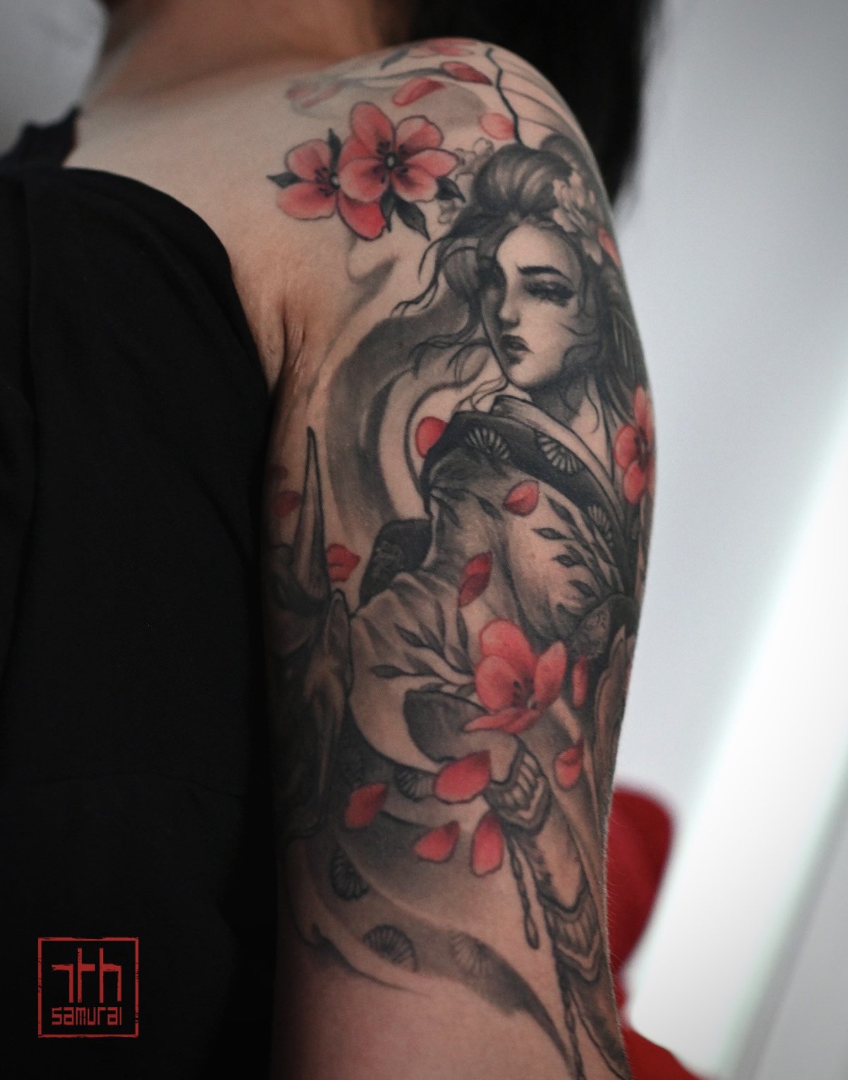 Geisha hannya mask elephant  Women's half sleeve neo japanese asian sleeve tattoo with red highlights cherry blossoms  asian artist: Kai 7th Samurai. YEG Edmonton, Alberta, Canada 2023 best 2024 