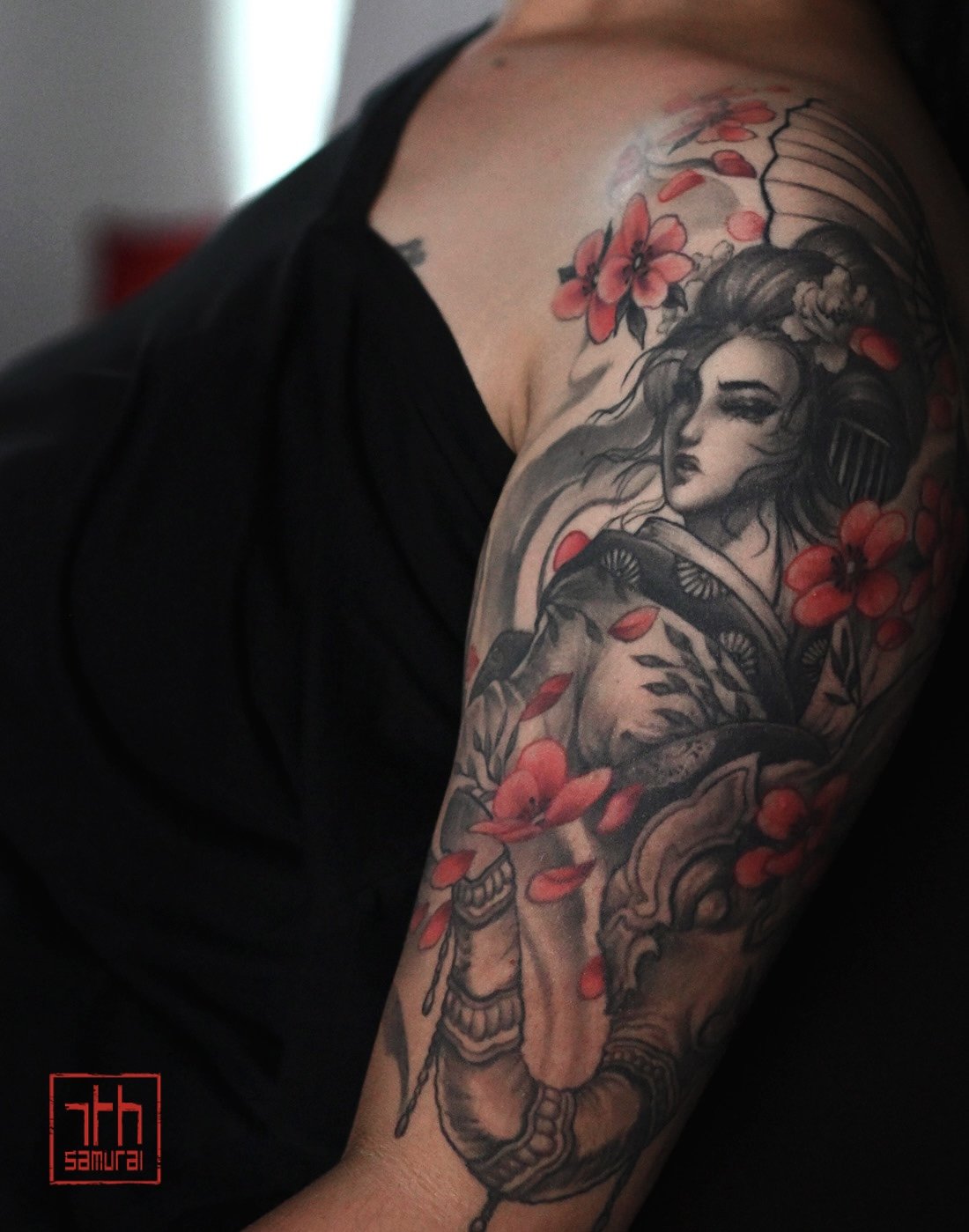 Geisha hannya mask elephant  Women's half sleeve neo japanese asian sleeve tattoo with red highlights cherry blossoms  asian artist: Kai 7th Samurai. YEG Edmonton, Alberta, Canada 2023 best 2024 