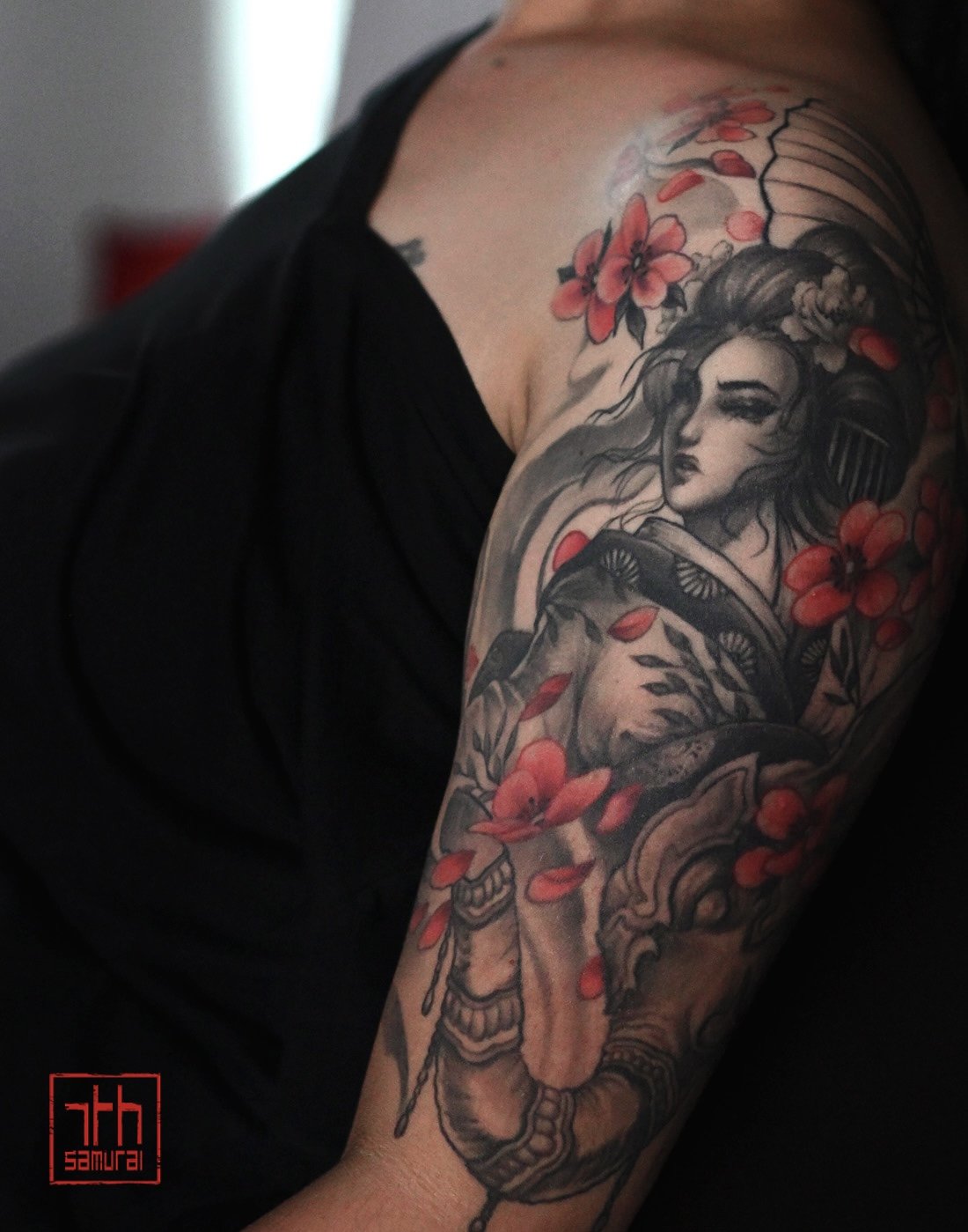 Geisha w/ hannya mask elephant  Women's half sleeve neo japanese asian sleeve tattoo with red highlights cherry blossoms  asian artist: Kai 7th Samurai. YEG Edmonton, Alberta, Canada 2023 best 2024 