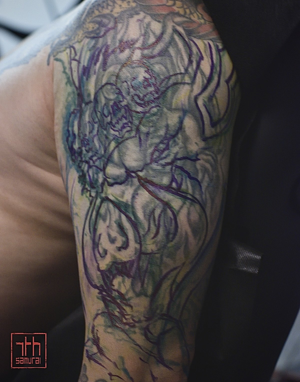 Boar pig warrior cover up  freehand demon  Men's neo japanese upper arm tattoo  asian artist: Kai 7th Samurai. YEG Edmonton, Alberta, Canada 2023 best 2024 