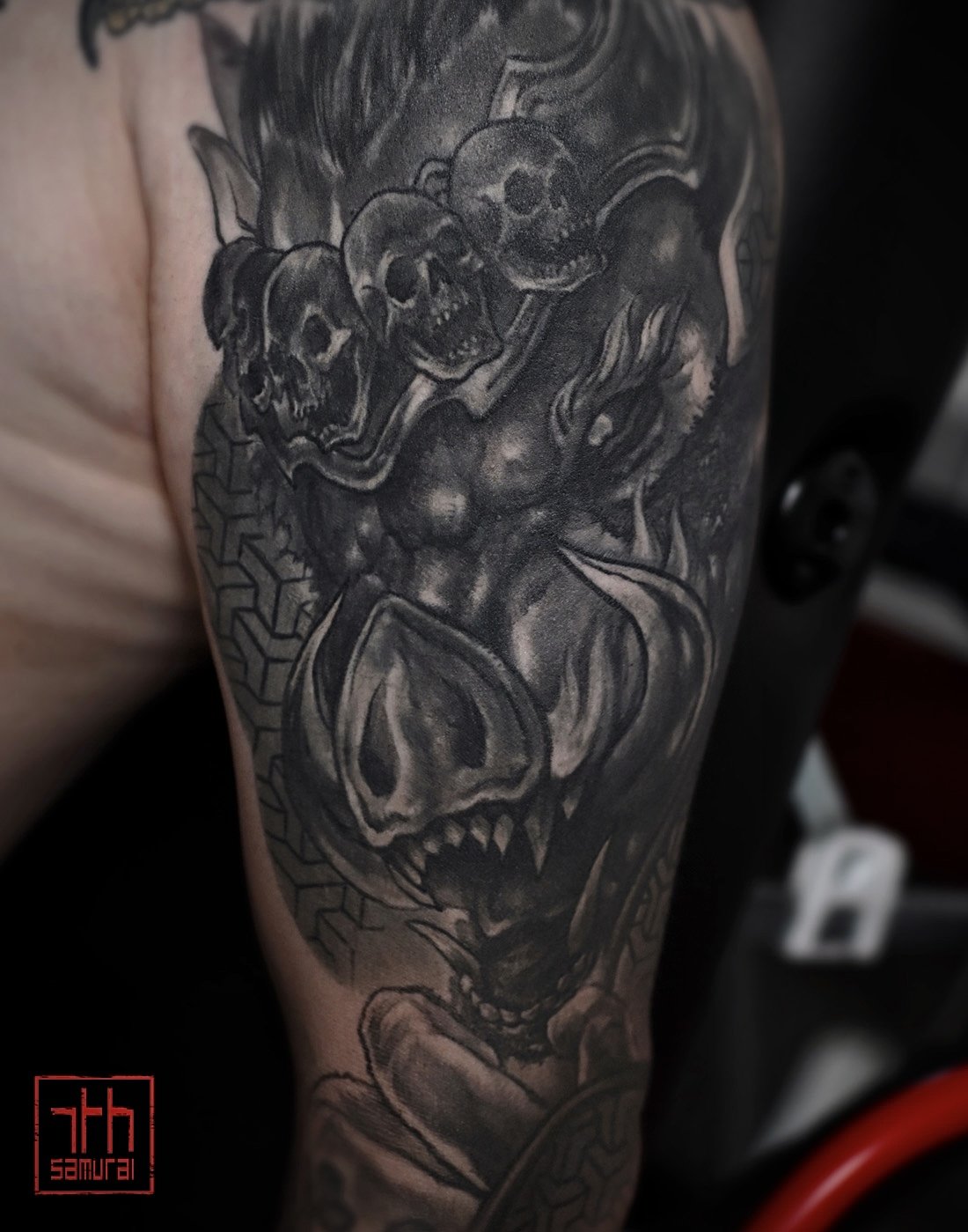 Boar pig warrior  freehand cover up demon  Men's neo japanese upper arm tattoo  asian artist: Kai 7th Samurai. YEG Edmonton, Alberta, Canada 2023 best 2024 