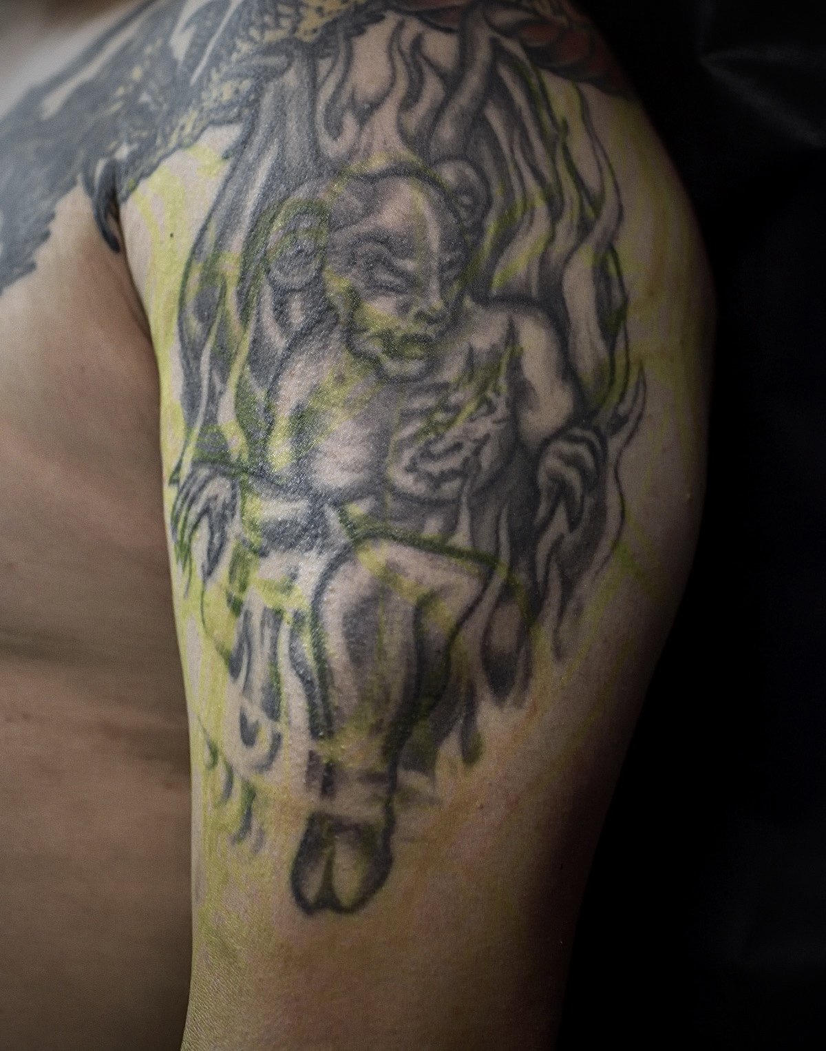 Boar pig warrior cover up  freehand demon  Men's neo japanese upper arm tattoo  asian artist: Kai 7th Samurai. YEG Edmonton, Alberta, Canada 2023 best 2024 