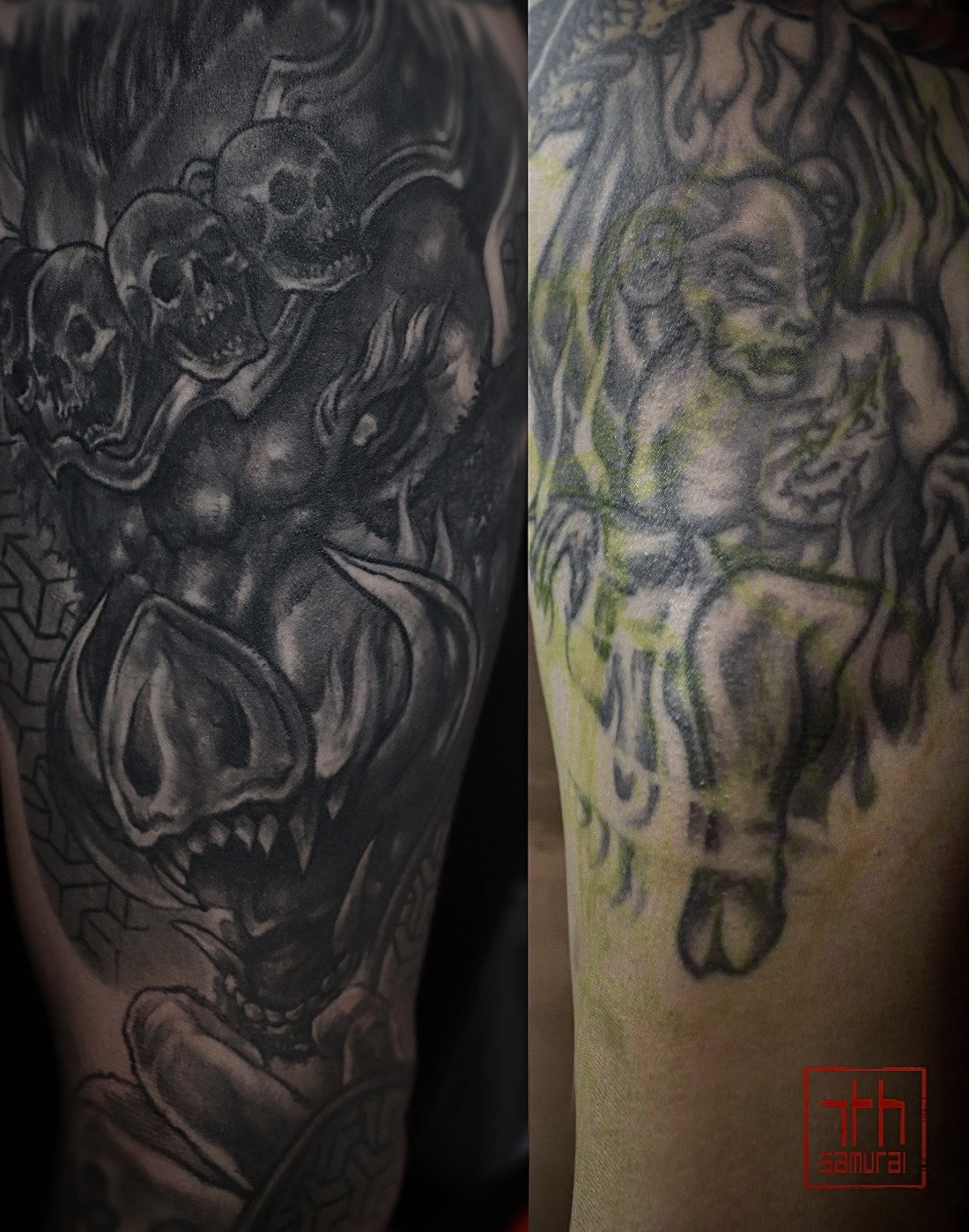 Boar pig warrior cover up  freehand demon  Men's neo japanese upper arm tattoo  asian artist: Kai 7th Samurai. YEG Edmonton, Alberta, Canada 2023 best 2024 