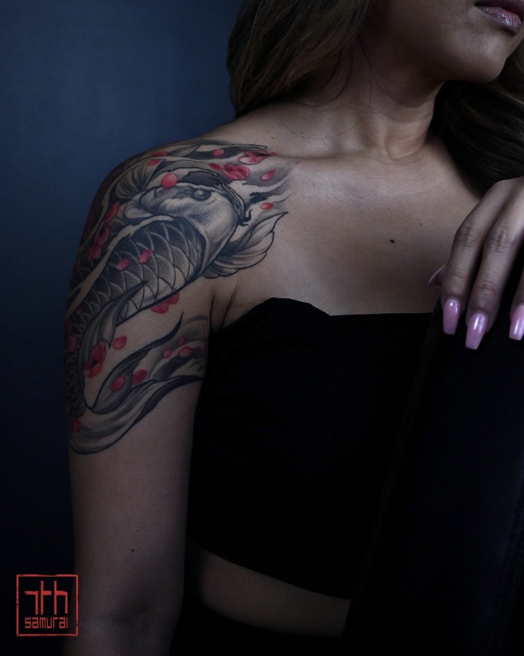 Koi + cherry blossoms  Women's half sleeve neo japanese asian sleeve tattoo with red highlights  asian artist: Kai 7th Samurai. YEG Edmonton, Alberta, Canada 2023 best 2024 