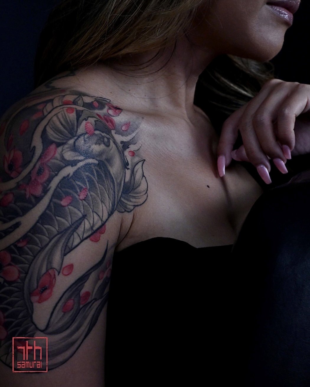 Koi + cherry blossoms  Women's half sleeve neo japanese asian sleeve tattoo with red highlights  asian artist: Kai 7th Samurai. YEG Edmonton, Alberta, Canada 2023 best 2024 
