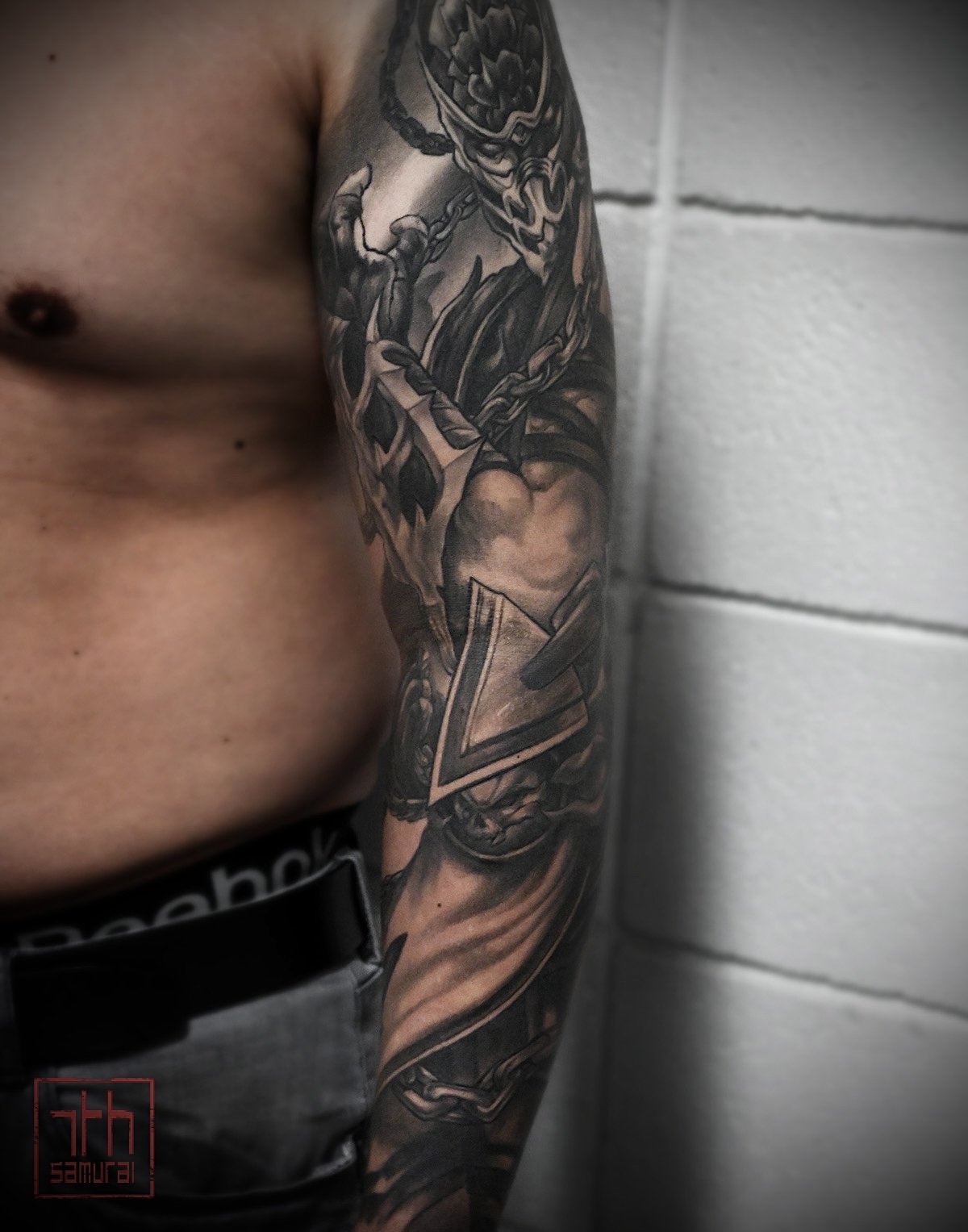 Mortal Kombat MK9 Scorpion  Men's video game gamer tattoo sleeve  asian artist: Kai 7th Samurai. YEG Edmonton, Alberta, Canada 2023 best 2024 