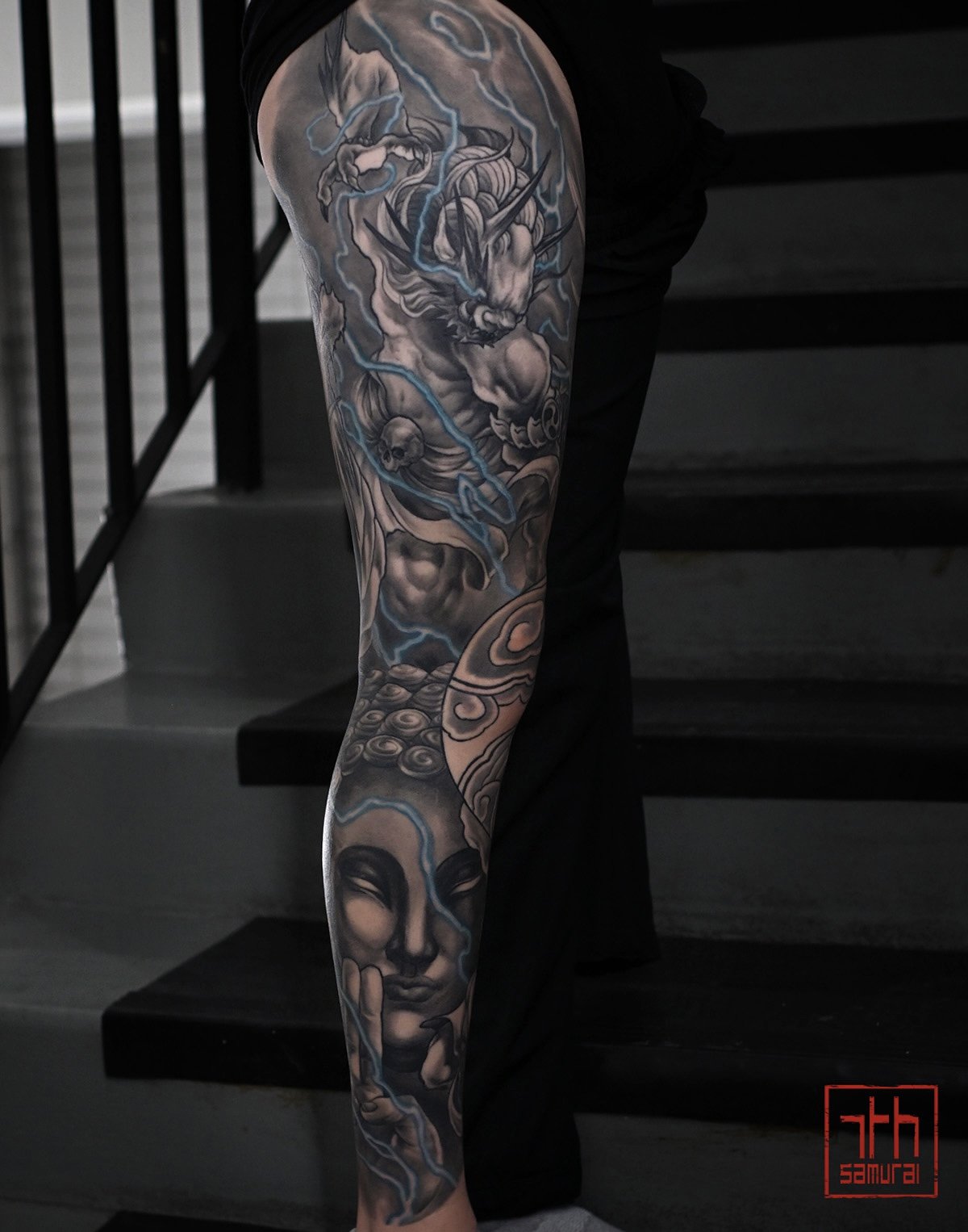 Raijin thunder god Fujin wind god dragon buddha  Men's neo japanese asian leg sleeve tattoo with blue lightning highlights  asian artist: Kai 7th Samurai. YEG Edmonton, Alberta, Canada 2023 best 2024 