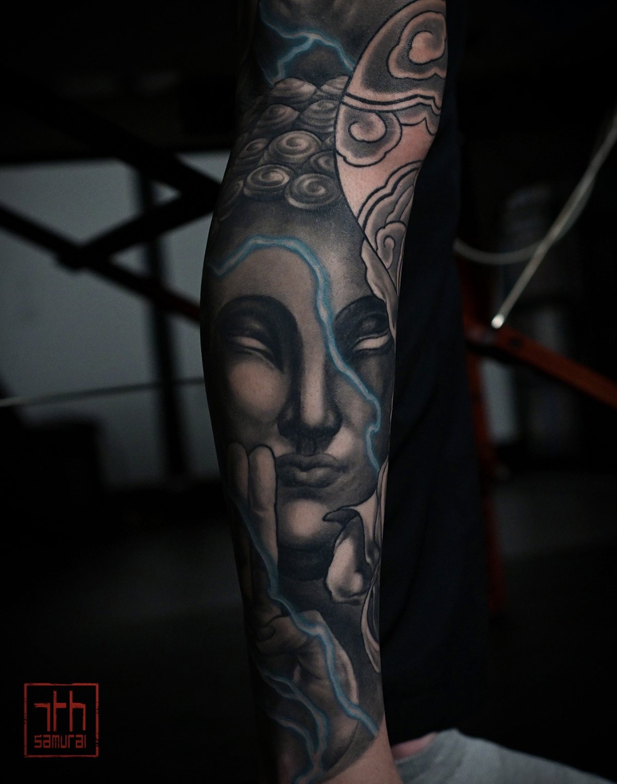 buddha  Men's neo japanese asian leg sleeve tattoo with blue lightning highlights  asian artist: Kai 7th Samurai. YEG Edmonton, Alberta, Canada 2023 best 2024 