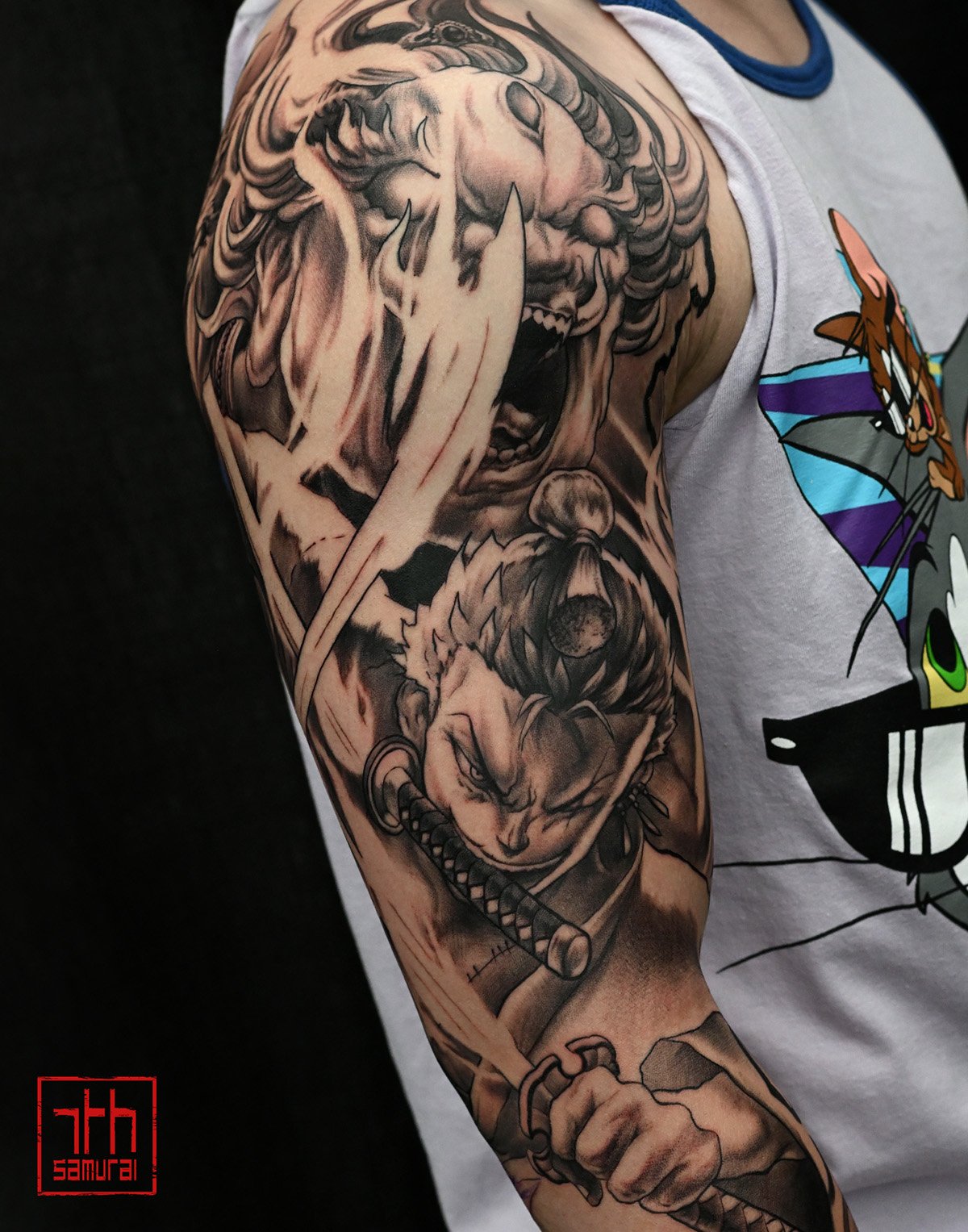 Roronoa Zoro Pirate Hunter asura spirit  Men's One Piece anime manga tattoo green highlights   asian artist: Kai 7th Samurai. YEG Edmonton, Alberta, Canada 2023 best 2024 