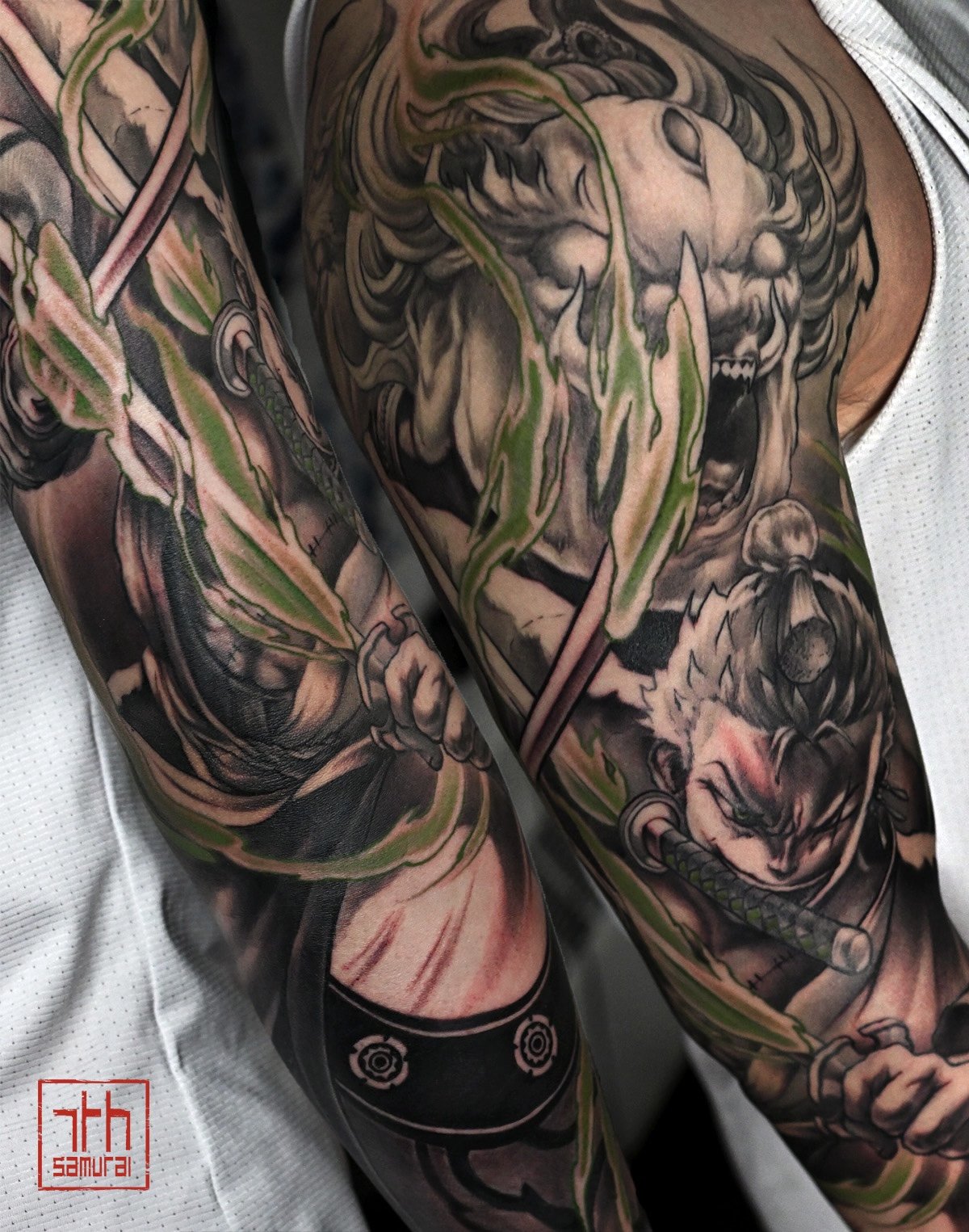 Roronoa Zoro Pirate Hunter  asura spirit  Men's One Piece anime manga tattoo with green highlights   asian artist: Kai 7th Samurai. YEG Edmonton, Alberta, Canada 2023 best 2024 