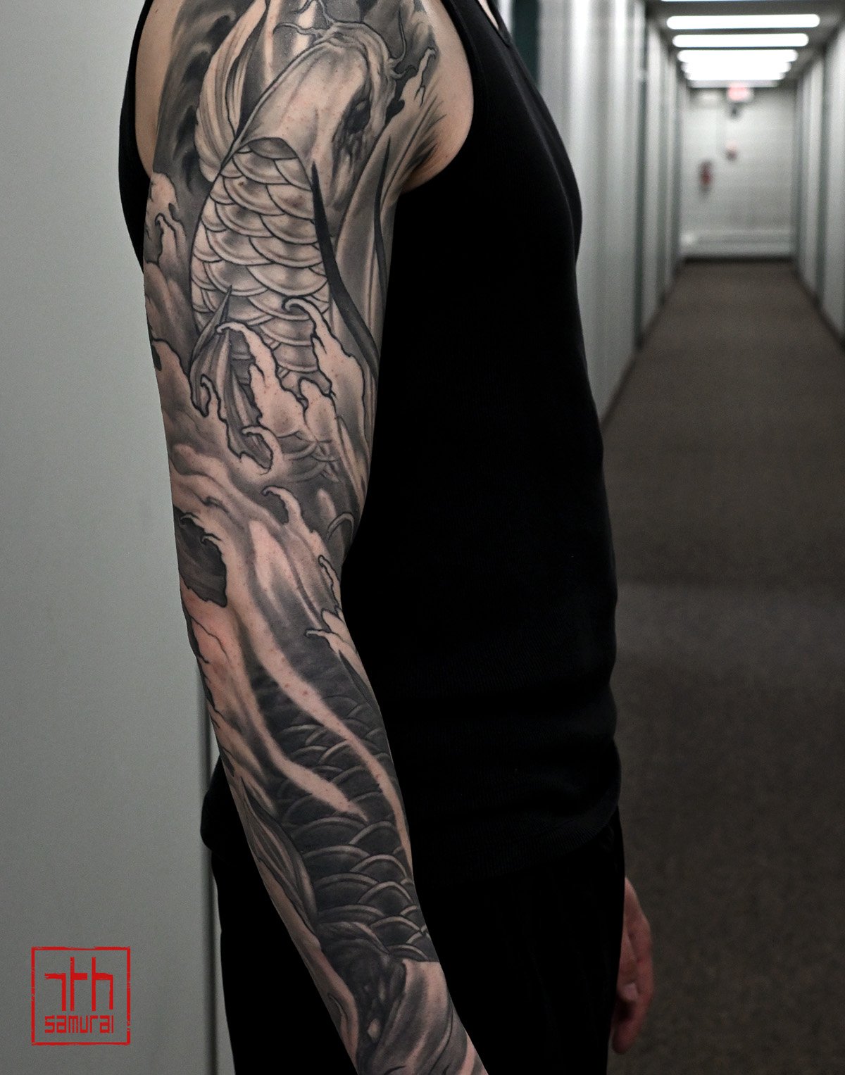 Yin Yang koi  dragon  Men's neo japanese asian arm sleeve tattoo  asian artist: Kai 7th Samurai. YEG Edmonton, Alberta, Canada 2023 best 2024