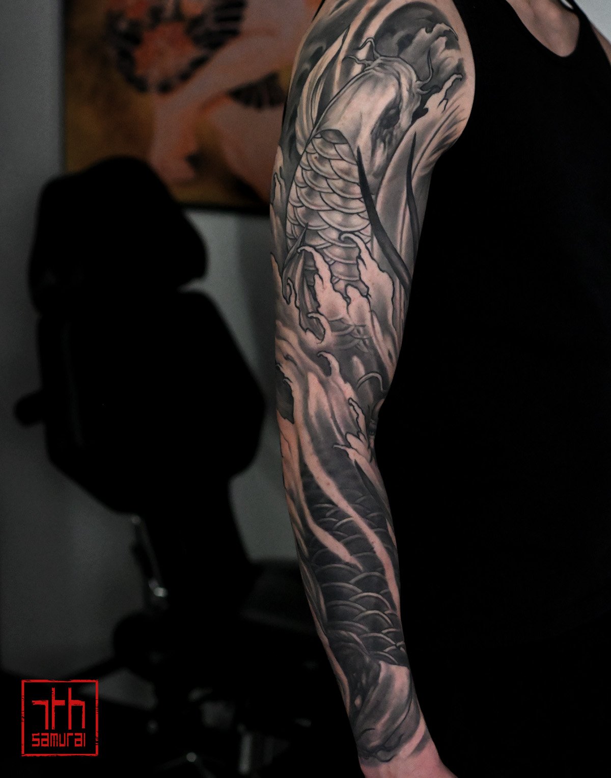 Yin Yang koi dragon  Men's neo japanese asian arm sleeve tattoo  asian artist: Kai 7th Samurai. YEG Edmonton, Alberta, Canada 2023 best 2024 