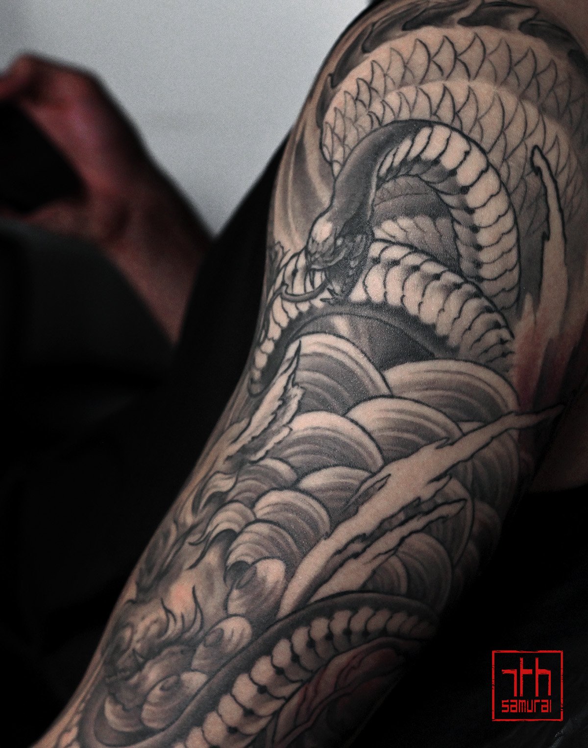 Asian zodiacs: year of Snake fudog Men's neo japanese asian astrology arm sleeve tattoo  asian artist: Kai 7th Samurai. YEG Edmonton, Alberta, Canada 2023 best 2024 