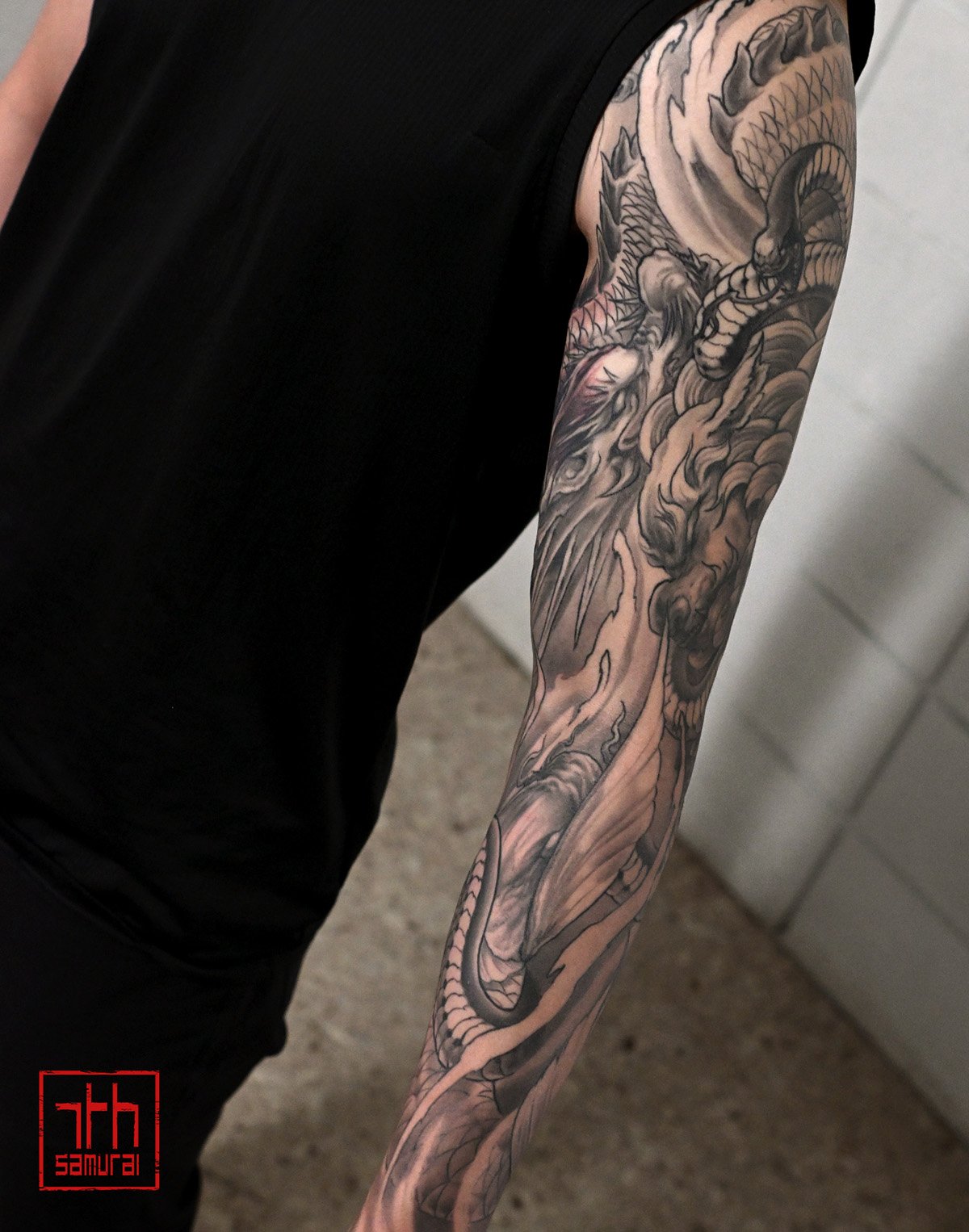 Asian zodiacs: year of Snake fudog koi dragon  Men's neo japanese asian astrology arm sleeve tattoo  asian artist: Kai 7th Samurai. YEG Edmonton, Alberta, Canada 2023 best 2024 