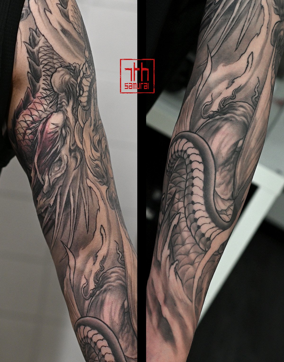 Asian zodiacs: year of koi dragon  Men's neo japanese asian astrology arm sleeve tattoo  asian artist: Kai 7th Samurai. YEG Edmonton, Alberta, Canada 2023 best 2024 