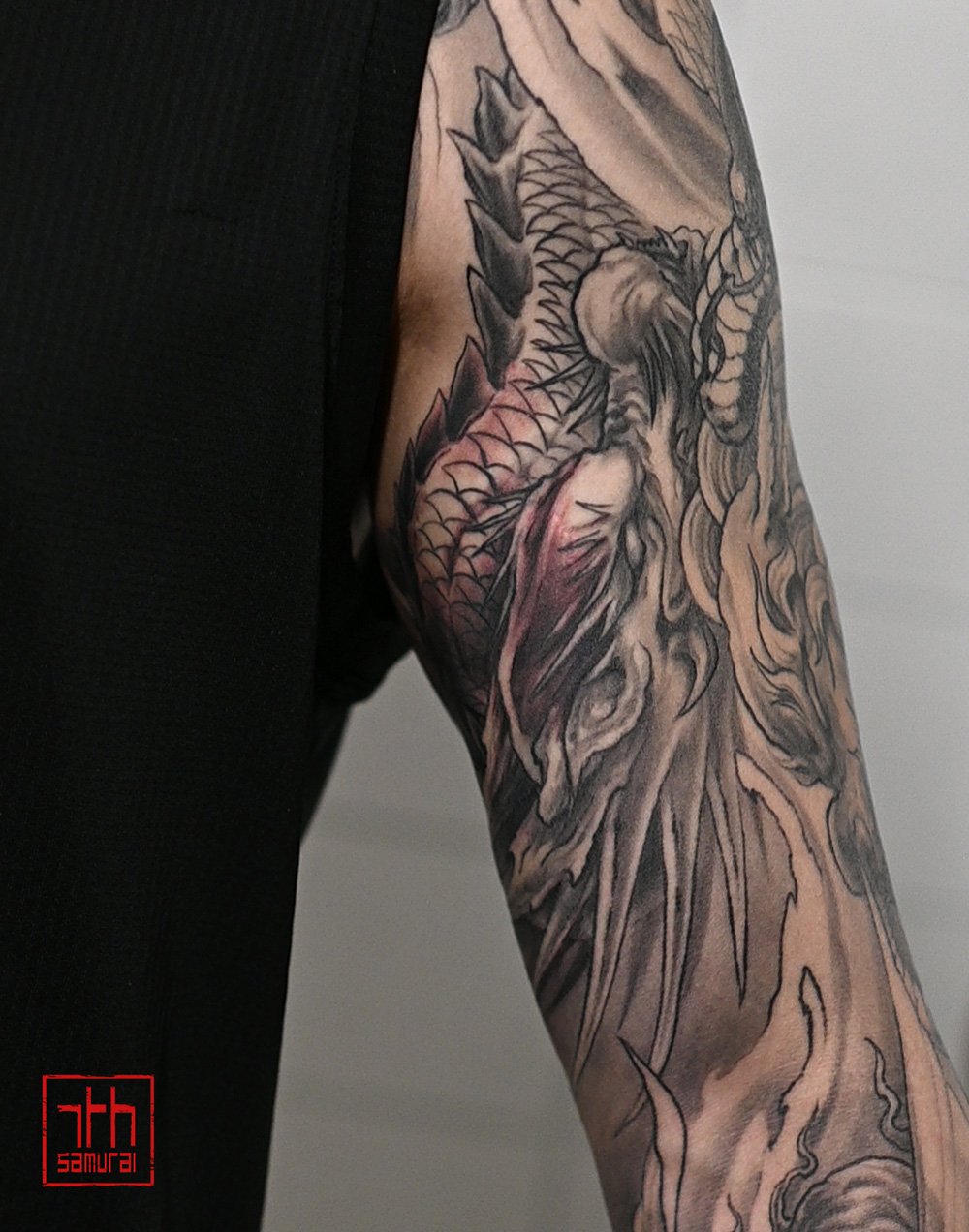 Asian zodiacs: year of dragon  Men's neo japanese asian astrology arm sleeve tattoo  asian artist: Kai 7th Samurai. YEG Edmonton, Alberta, Canada 2023 best 2024 
