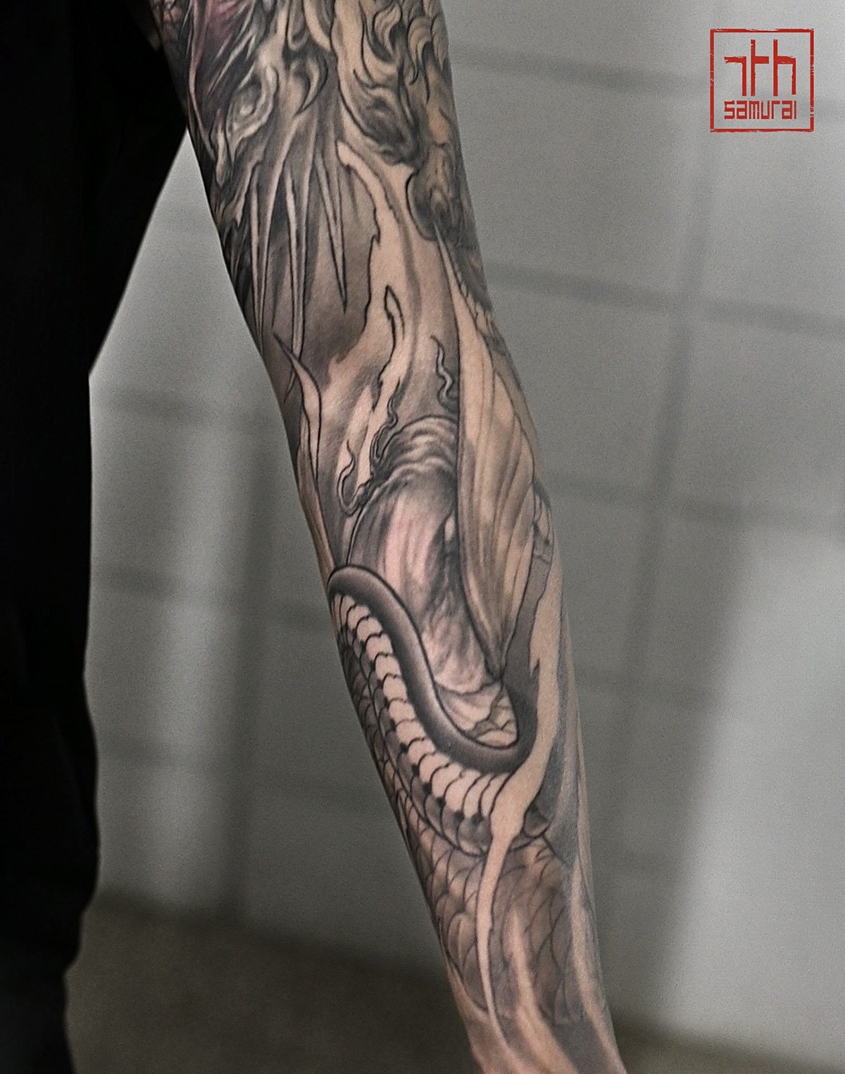 Asian zodiacs: year of Snake koi dragon  Men's neo japanese asian astrology arm sleeve tattoo  asian artist: Kai 7th Samurai. YEG Edmonton, Alberta, Canada 2023 best 2024 