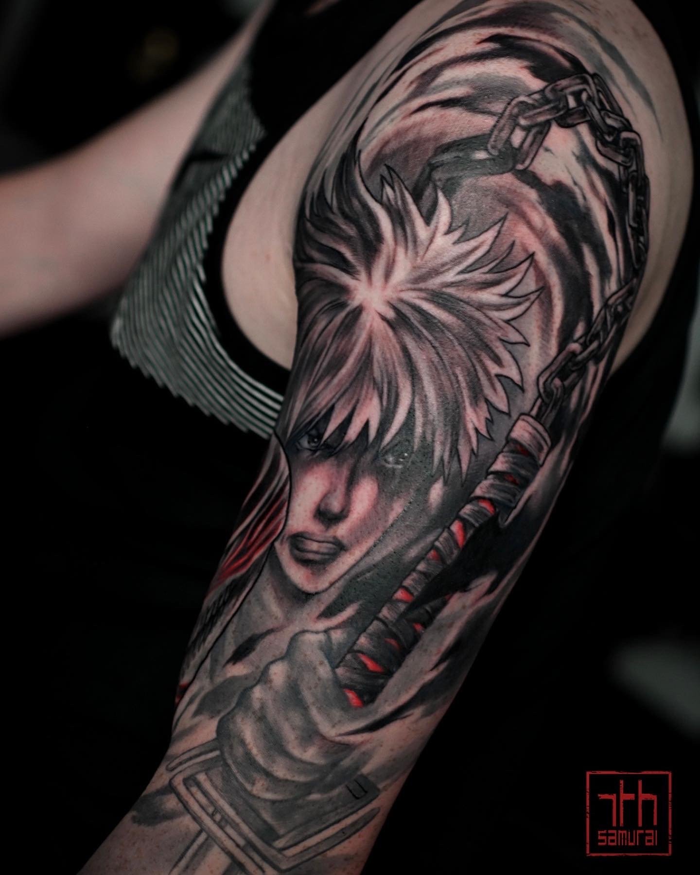  Ichigo Kurosaki   Men's Bleach anime manga tattoo with red highlights   asian artist: Kai 7th Samurai. YEG Edmonton, Alberta, Canada 2023 best 2024  
