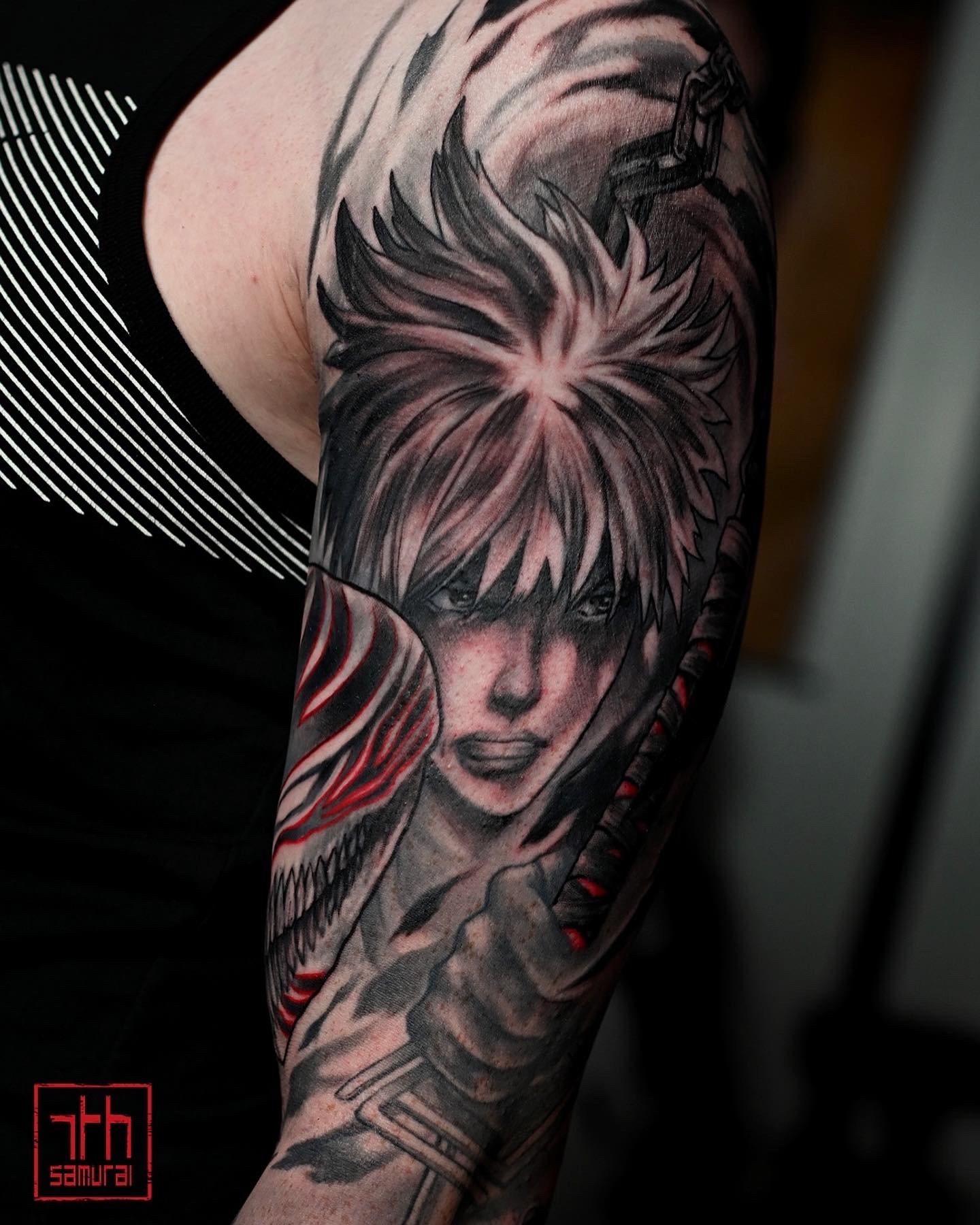 Ichigo Kurosaki   Men's Bleach anime manga tattoo with red highlights   asian artist: Kai 7th Samurai. YEG Edmonton, Alberta, Canada 2023 best 2024 