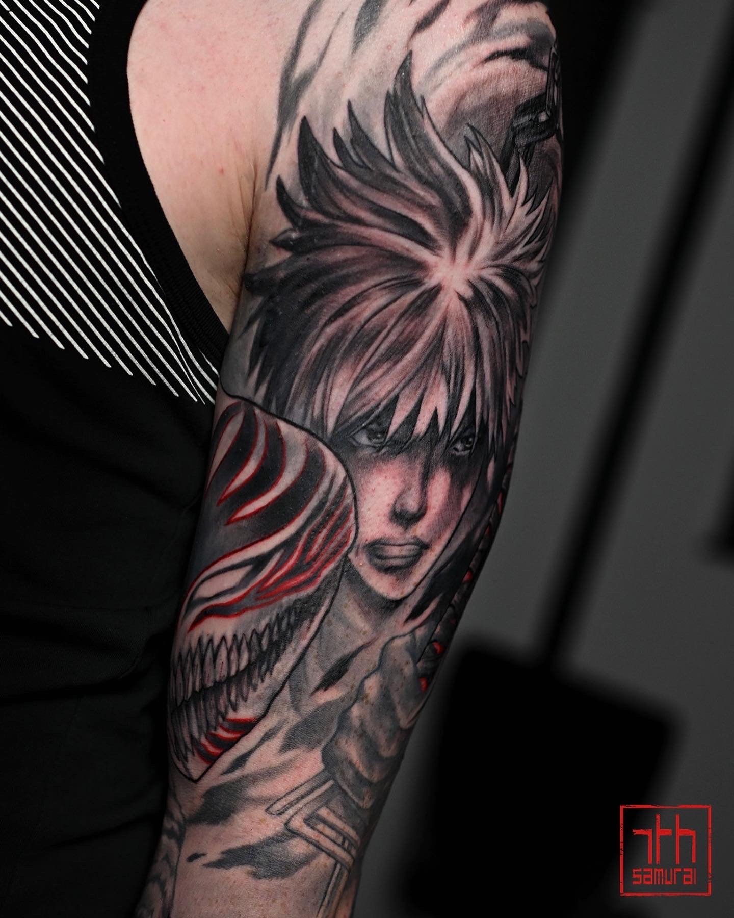 Ichigo Kurosaki  Men's Bleach anime manga tattoo with red highlights   asian artist: Kai 7th Samurai. YEG Edmonton, Alberta, Canada 2023 best 2024 