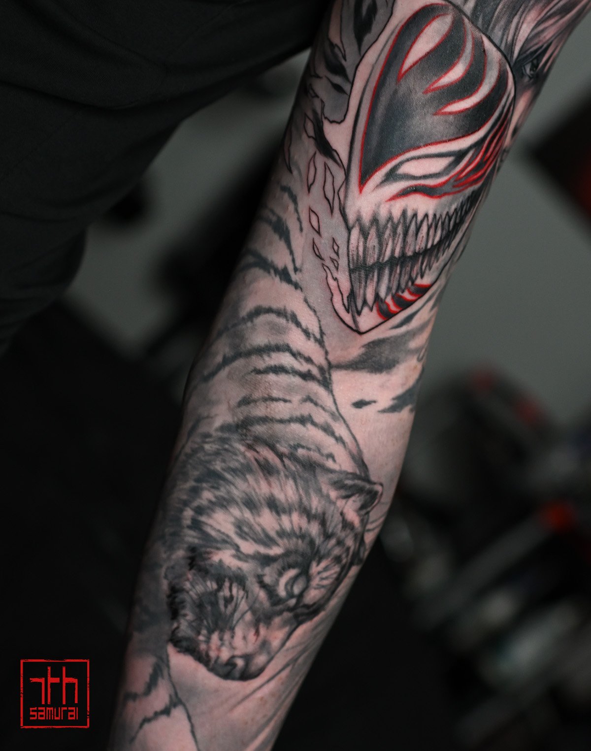 Ichigo Kurosaki tiger  Men's Bleach anime manga tattoo with red highlights   asian artist: Kai 7th Samurai. YEG Edmonton, Alberta, Canada 2023 best 2024 