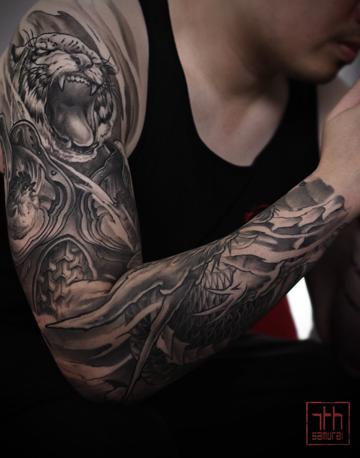 Asian zodiacs Tiger warrior rooster armor year of dragon snake  Men's neo japanese asian astrology arm sleeve tattoo  asian artist: Kai 7th Samurai. YEG Edmonton, Alberta, Canada 2023 best 2024 