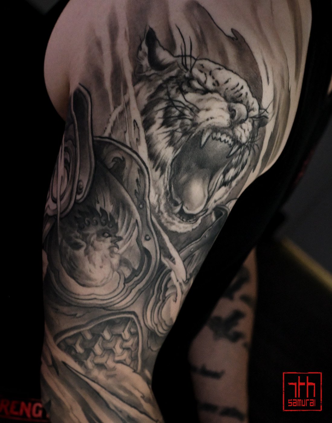 Asian zodiacs Tiger warrior rooster armor year of Men's neo japanese asian astrology arm sleeve tattoo  asian artist: Kai 7th Samurai. YEG Edmonton, Alberta, Canada 2023 best 2024 