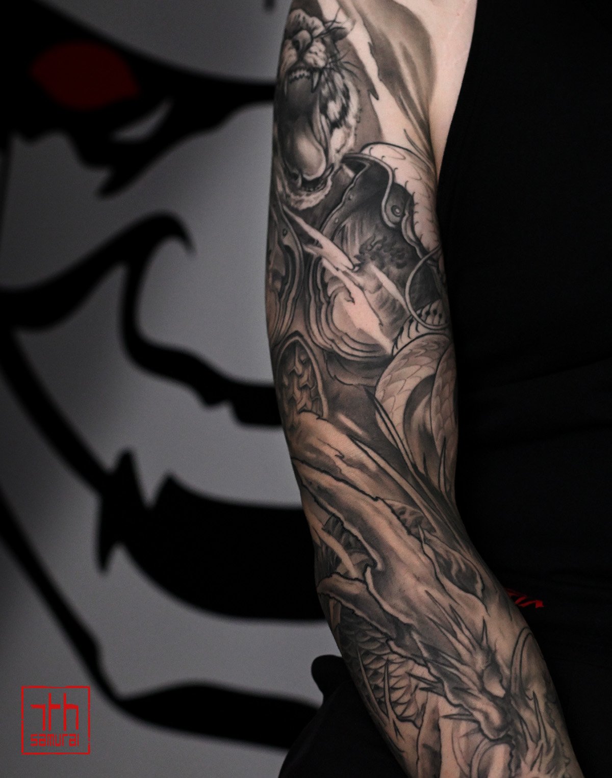 Asian zodiacs Tiger warrior rooster armor year of dragon snake  Men's neo japanese asian astrology arm sleeve tattoo  asian artist: Kai 7th Samurai. YEG Edmonton, Alberta, Canada 2023 best 2024 