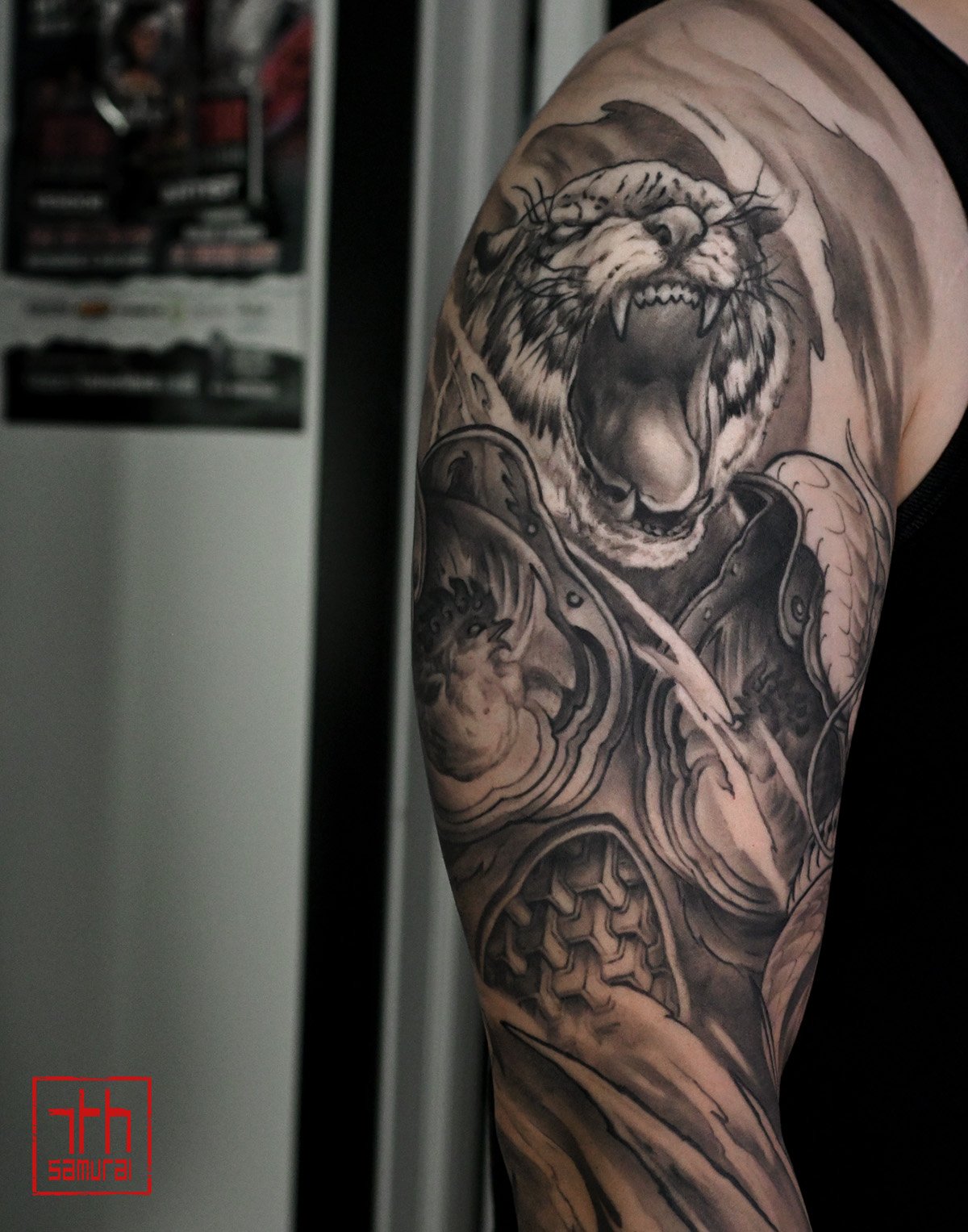 Asian zodiacs: Tiger warrior with rooster armor  year of   Men's neo japanese asian astrology arm sleeve tattoo  asian artist: Kai 7th Samurai. YEG Edmonton, Alberta, Canada 2023 best 2024 