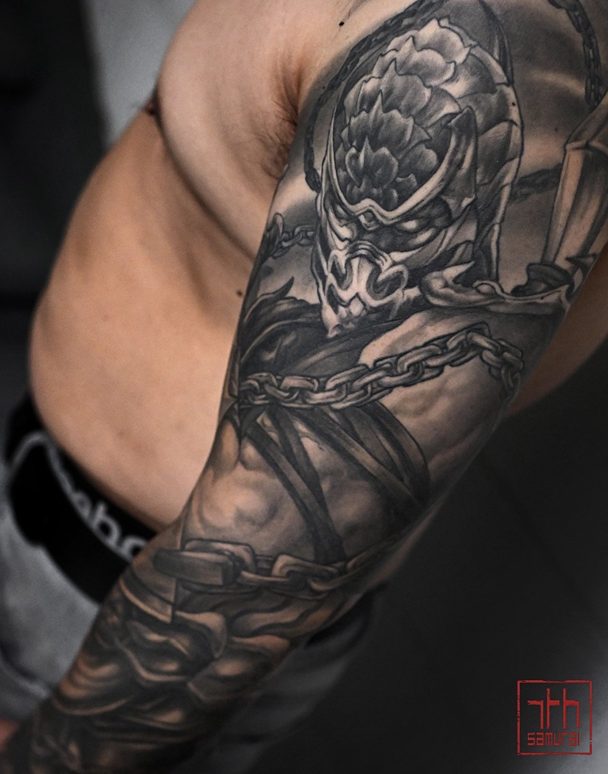 Mortal Kombat MK9 Scorpion  Men's video game gamer tattoo sleeve  asian artist: Kai 7th Samurai Edmonton, Alberta, Canada 2023 best 2024 calgary vancouver toronto california