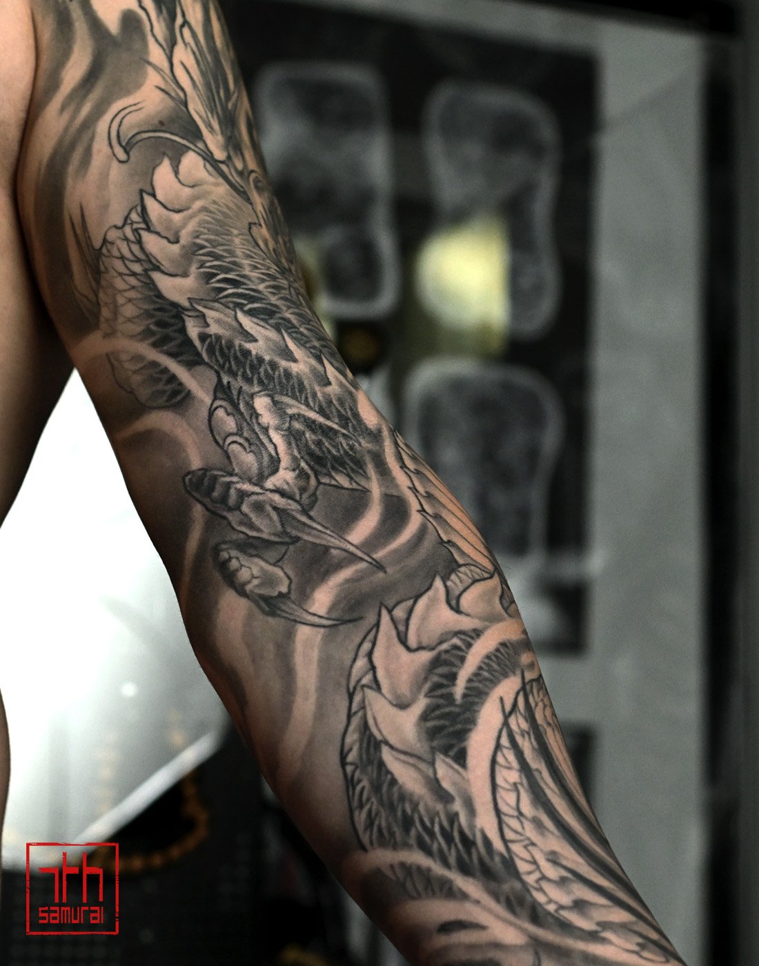 calm dragon Men's neo japanese full arm sleeve tattoo asian artist: Kai 7th Samurai. Edmonton, Alberta, Canada best 2024 calgary vancouver toronto california