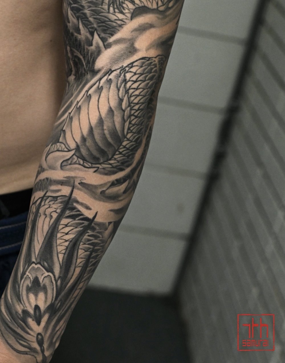 calm dragon  Men's neo japanese full arm sleeve tattoo  asian artist: Kai 7th Samurai. Edmonton, Alberta, Canada best 2024 calgary vancouver toronto california