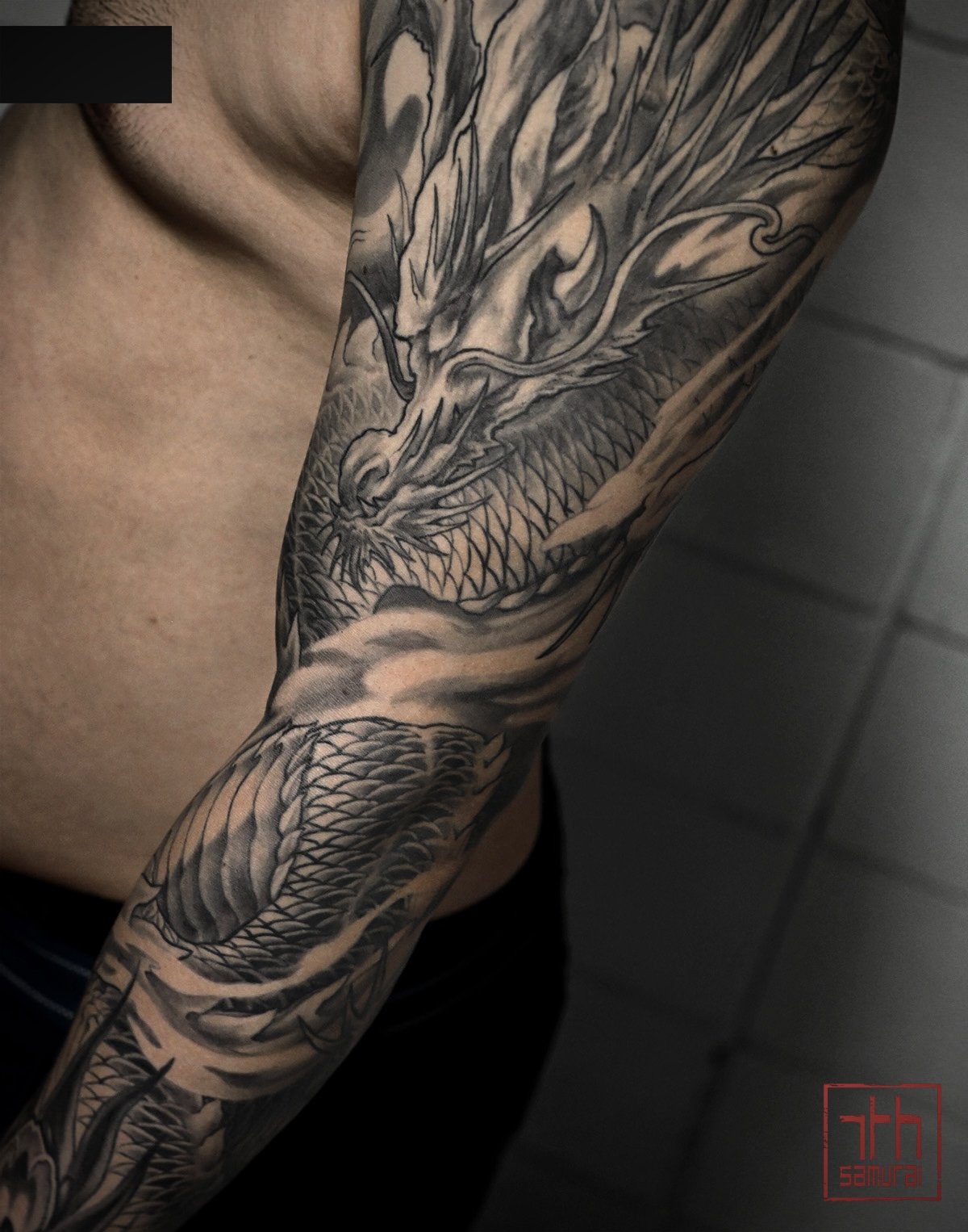 calm dragon  Men's neo japanese full arm sleeve tattoo  asian artist: Kai 7th Samurai. Edmonton, Alberta, Canada best 2024 calgary vancouver toronto california