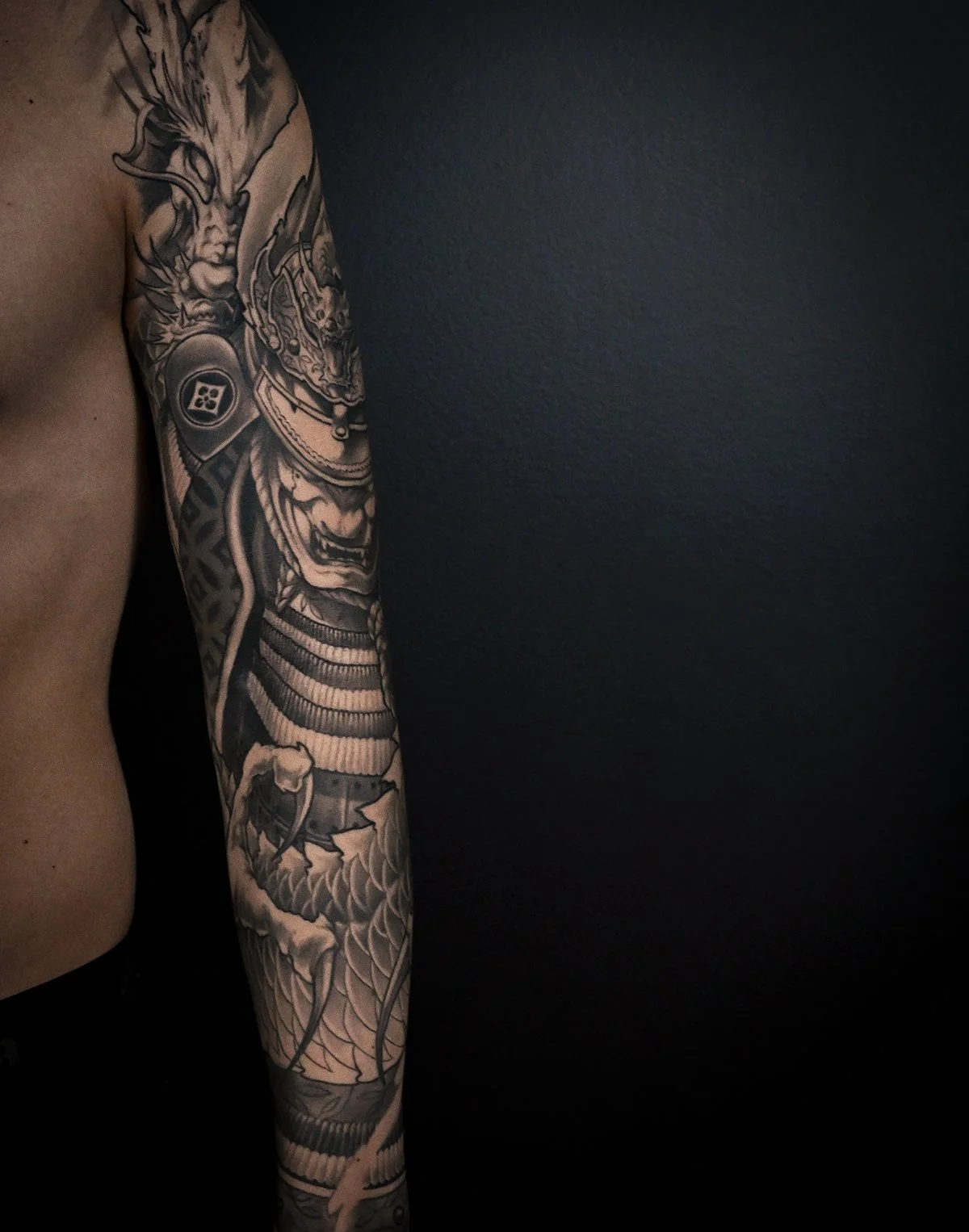 Samurai + dragon  Men’s neo japanese arm sleeve tattoo  asian tattoo artist: Kai at 7th Samurai  YEG. Edmonton, Alberta, St. albert, Canada best 2024 calgary vancouver toronto