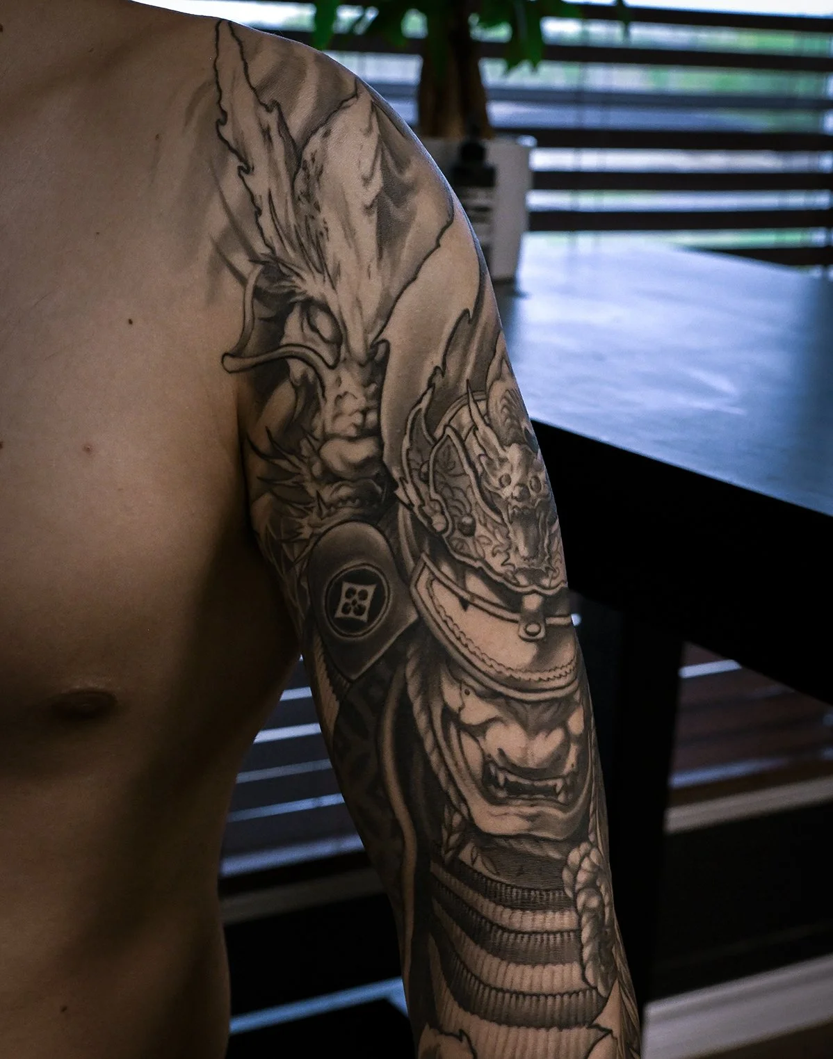 Samurai + dragon  Men’s neo japanese arm sleeve tattoo  asian tattoo artist: Kai at 7th Samurai  YEG. Edmonton, Alberta, St. albert, Canada best 2024 calgary vancouver toronto