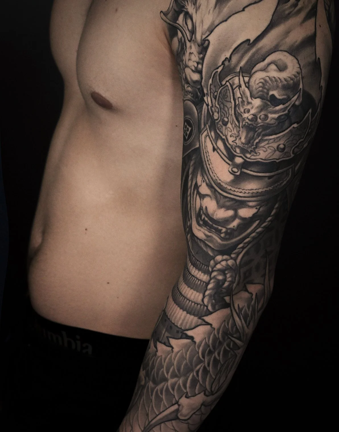 Samurai + dragon  Men’s neo japanese arm sleeve tattoo  asian tattoo artist: Kai at 7th Samurai  YEG. Edmonton, Alberta, St. albert, Canada best 2024 calgary vancouver toronto