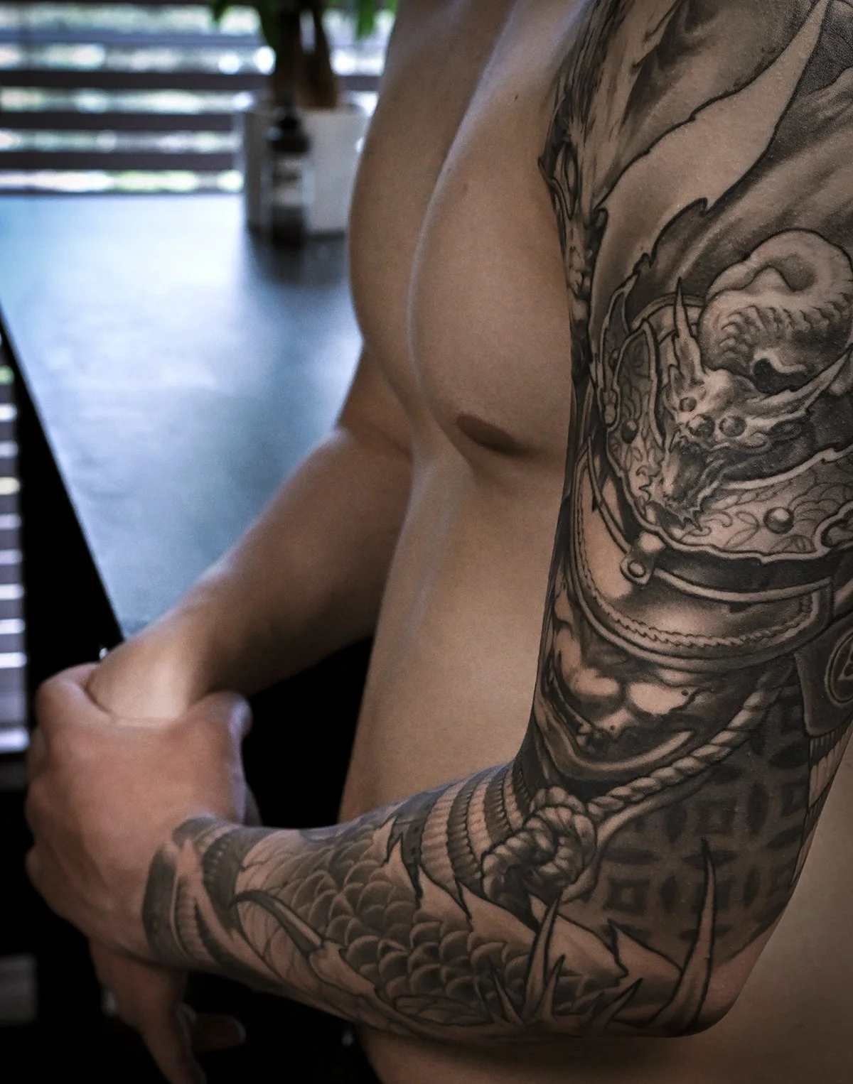 Samurai + dragon  Men’s neo japanese arm sleeve tattoo  asian tattoo artist: Kai at 7th Samurai  YEG. Edmonton, Alberta, St. albert, Canada best 2024 calgary vancouver toronto