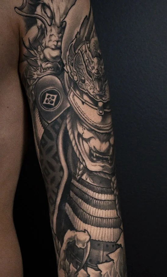 samurai and dragon  men’s neo japanese tattoo sleeve  asian artist: kai at 7th samurai  Edmonton, Alberta, st.albert, Canada  calgary vancouver toronto best 2026