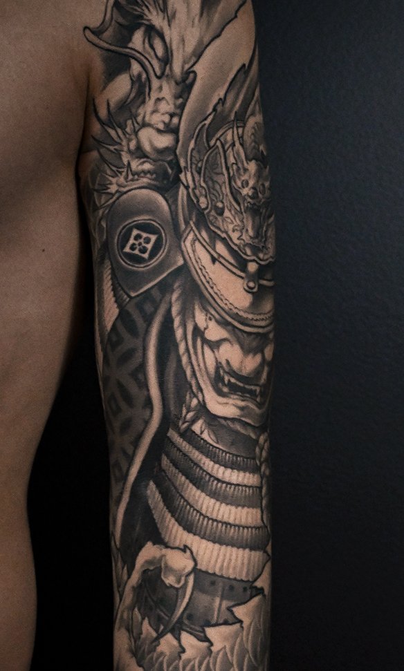 samurai dragon mens neo japanese tattoo arm sleeve asian artist Kai at 7th samurai Edmonton Alberta st.albert Canada best 2026 calgary vancouver toronto 