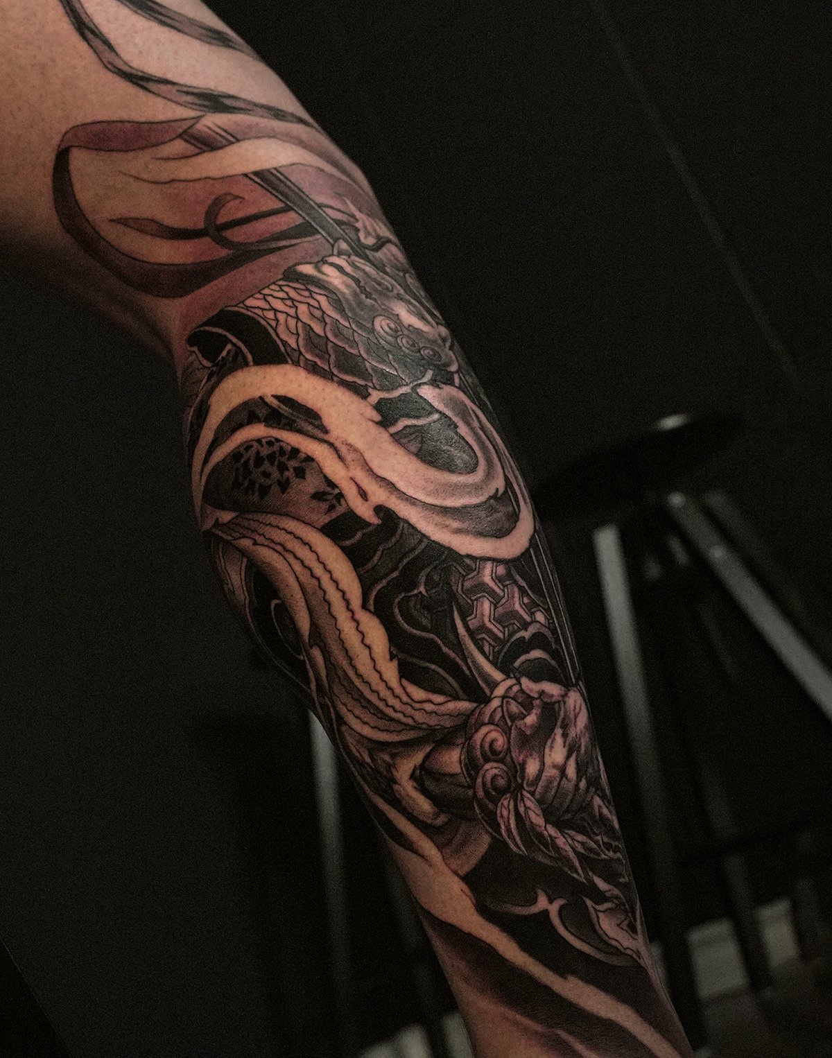 Monkey king sun wukong eating his peach leg calf tattoo. Kai 7th samurai Edmonton alberta st.albert Canada best 2026 Calgary Vancouver toronto