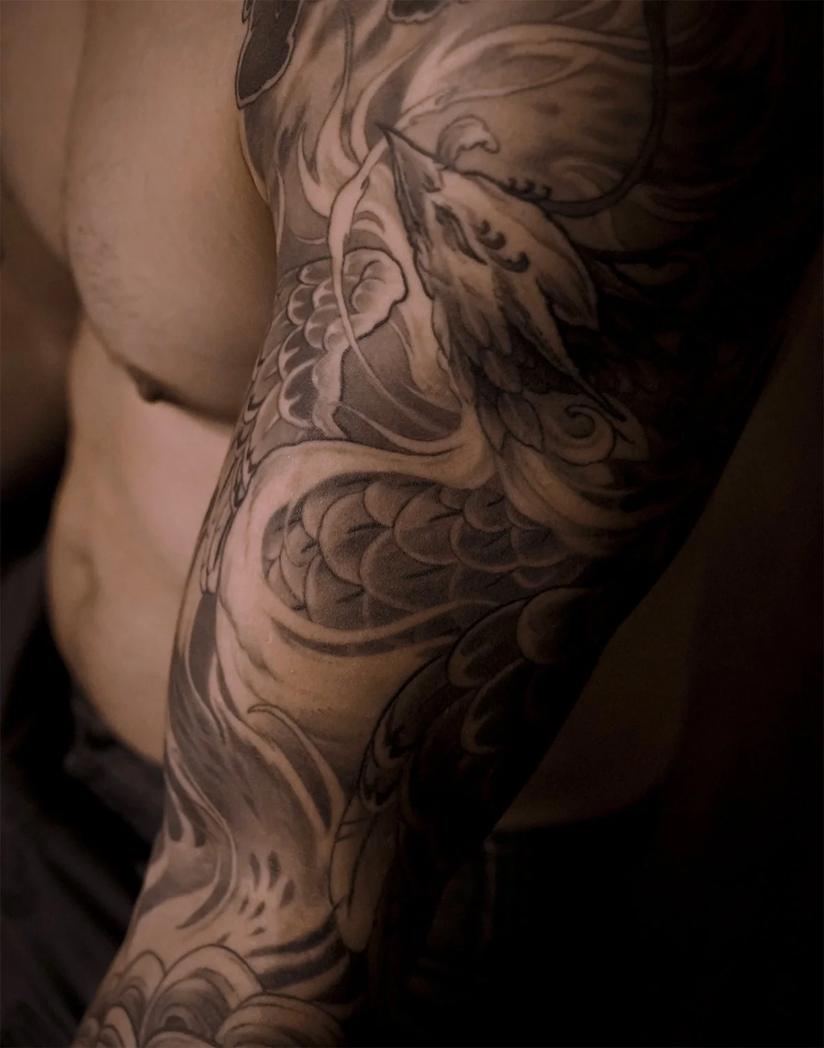 Phoenix neo japanese arm sleeve tattoo. Kai 7th samurai Edmonton alberta Canada st.albert best 2026 Calgary Vancouver Toronto