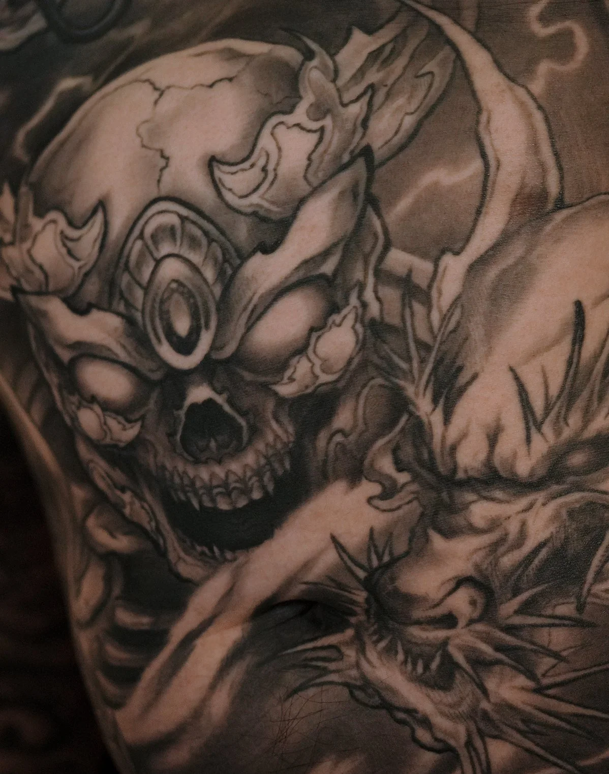 skeleton king Tibetan skull front chest Asian morbid piece tattoo Kai at 7th samurai Edmonton, Alberta, Canada 2026 st.albert Calgary Vancouver toronto